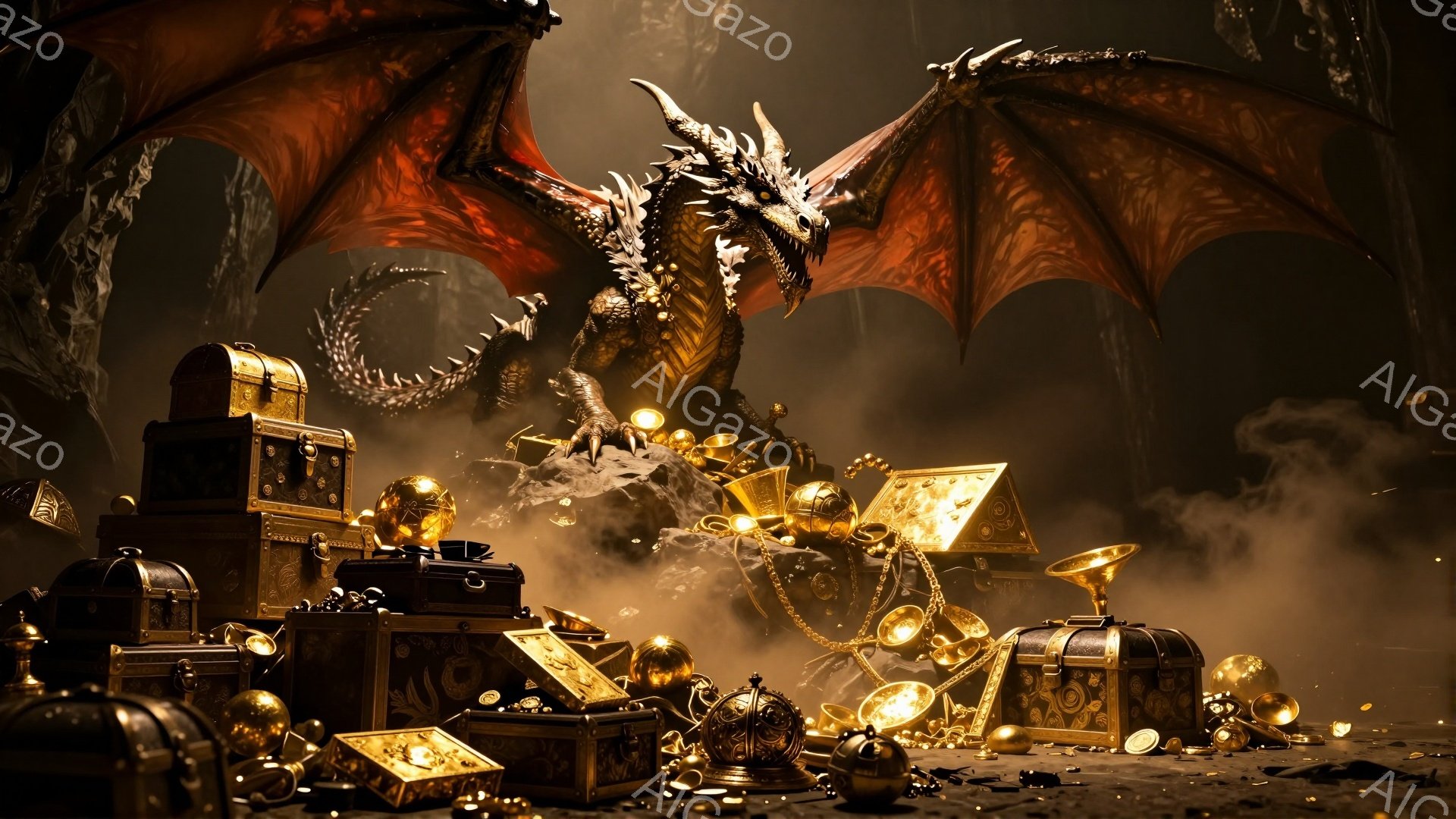 巨大な赤いドラゴンが、金貨や宝石、宝箱に囲まれた洞窟の中にいる。ドラゴンの翼は広げられ、鋭い爪と牙が強調され、力強い存在感を放っている。洞窟内は薄暗く、煙が立ち込め、宝物の輝きがそれを際立たせ、神秘的で危険な雰囲気を醸し出している。