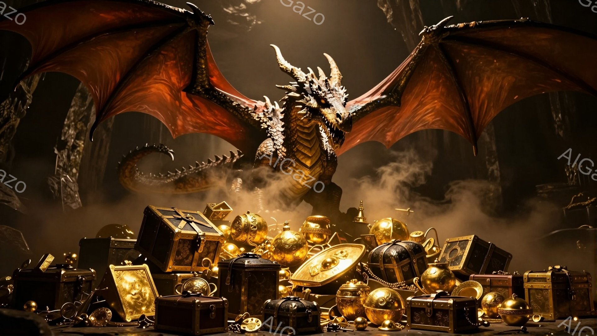 巨大な金色の財宝の上に、翼を広げた黒いドラゴンが鎮座している。ドラゴンの鱗は細かく描写され、鋭い爪と炎を思わせる瞳が印象的だ。背景は暗く、洞窟のような雰囲気で、蒸気が立ち込めているため、神秘的で威圧的な空気が漂っている。