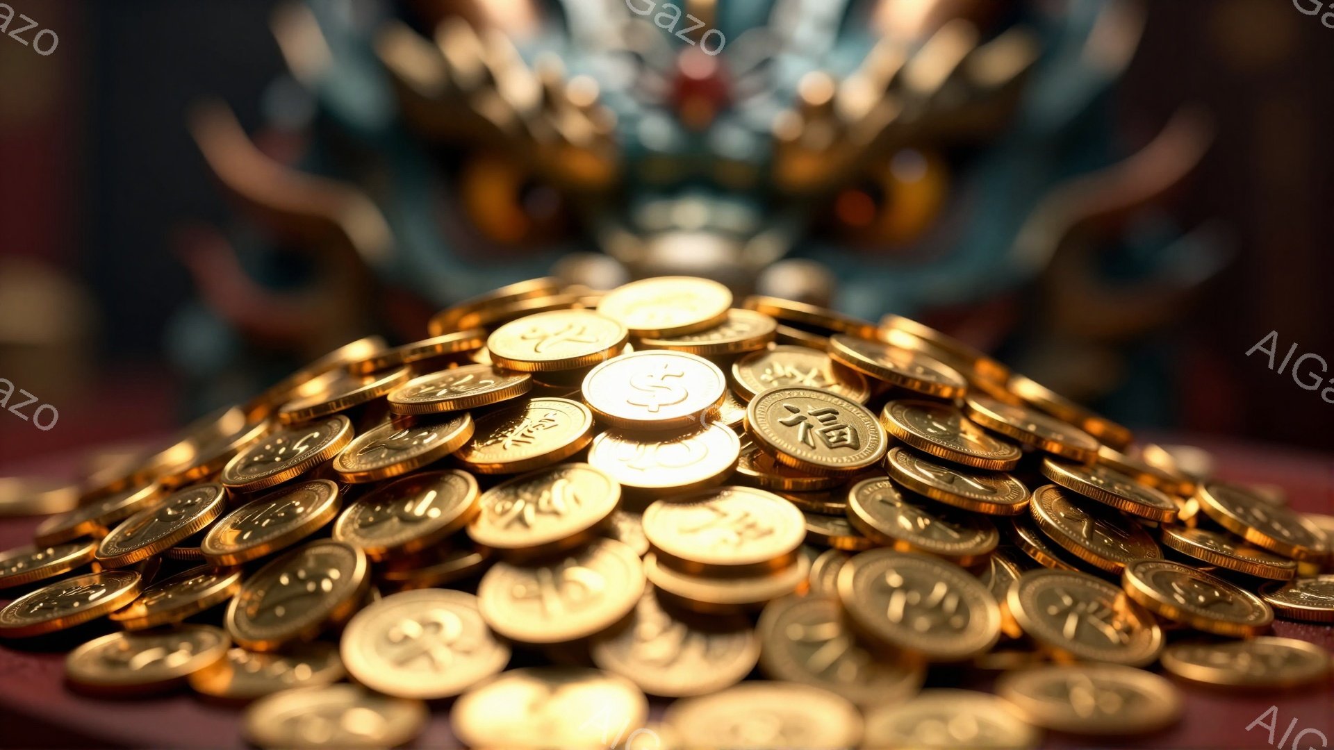 多数の金色の硬貨が積み重なっており、上部には複雑な模様の装飾がぼんやりと見えます。硬貨は磨き上げられ、光沢があり、光を受けて輝いています。背景はぼやけていますが、金色の硬貨と装飾の組み合わせが、富と繁 - AI生成フリー素材