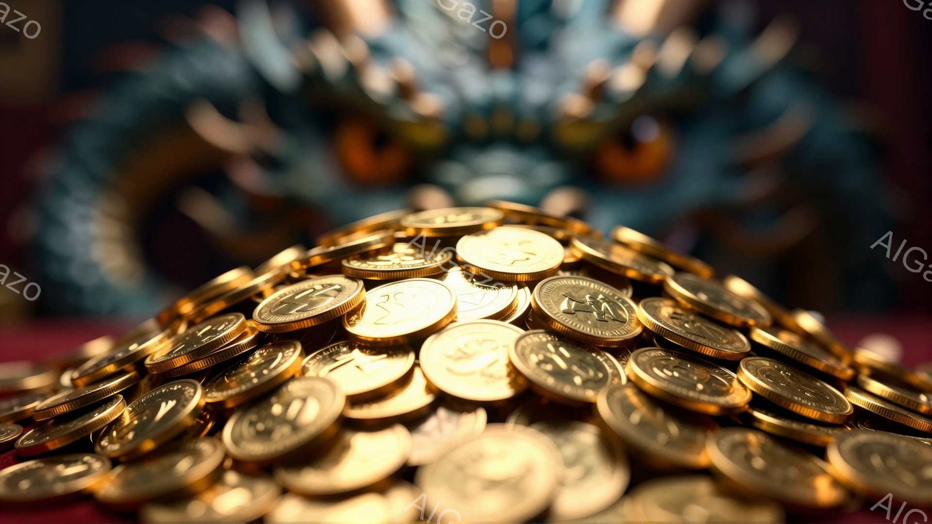 鮮やかな赤い布の上に、金色のコインが山積みに積み上げられている。コインは全て同じデザインで、磨き上げられた光沢があり、富と繁栄を象徴しているように見える。背景はぼやけており、金色のコインの輝きが際立っている。