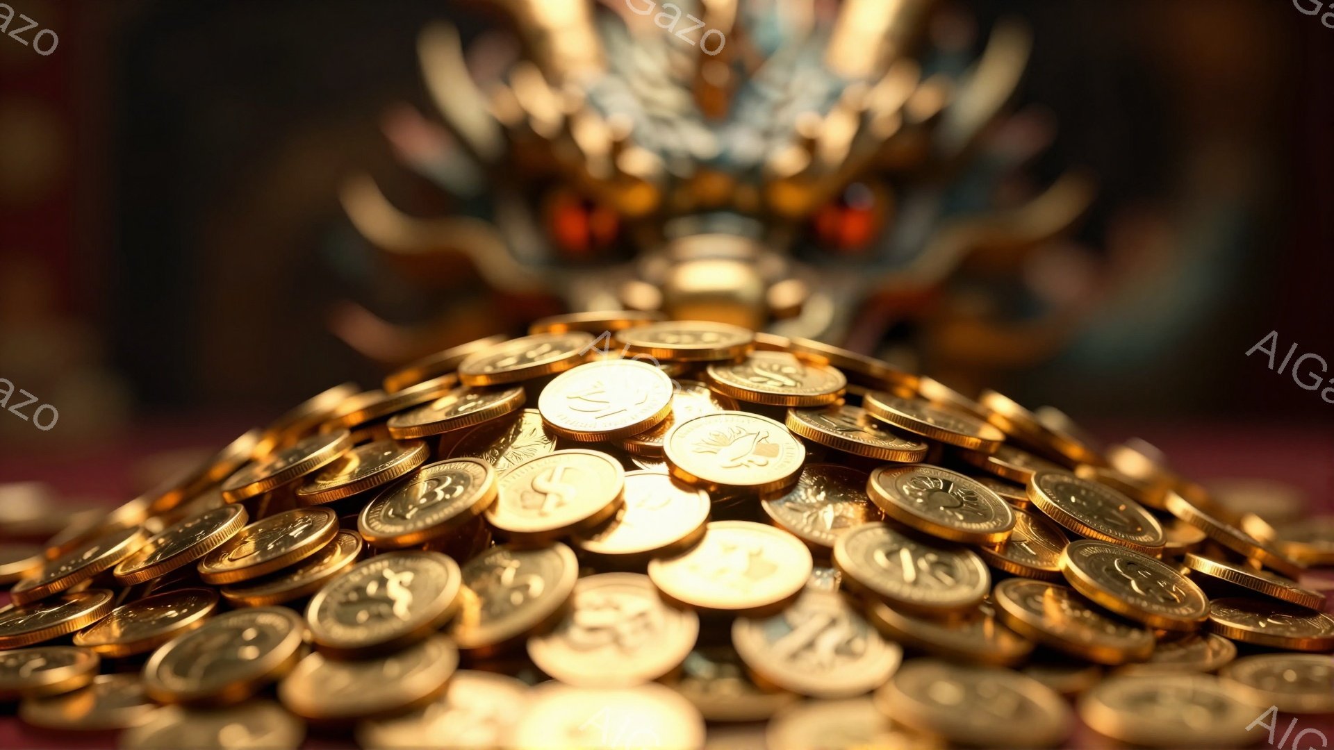 画像は、金色の硬貨が山のように積み上げられた様子を捉えています。硬貨は磨き上げられ、光沢があり、複雑な模様が刻まれています。背景には、金色の装飾が施された何かの像（おそらく仏像や龍）の一部が見え、荘厳な雰囲気を醸し出しています。