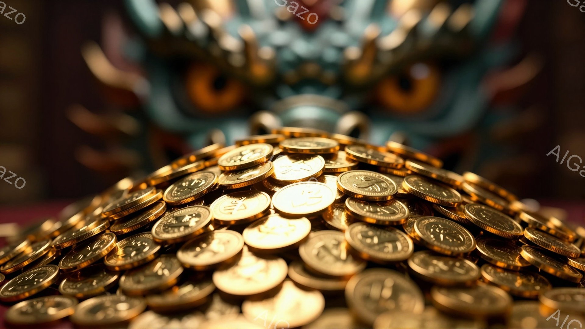 輝く金貨が積み重なっており、手前に大きく、奥へと向かうにつれて小さくなるように配置されている。背景には鮮やかな赤色の布と、金色の装飾が施された複雑な模様が見え、まるで宝物が隠されているような雰囲気を醸し出している。光の加減により金貨が眩く輝き、富と繁栄を象徴しているかのように見える。