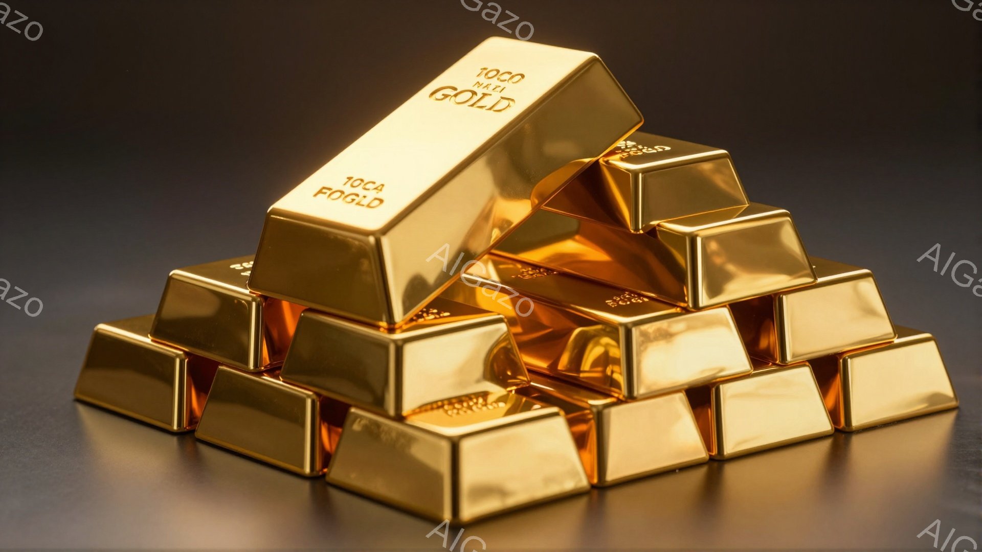 黄金のインゴットが積み重ねられた写真です。光沢のある金色の表面が際立ち、それぞれのインゴットには「1000 FINE GOLD」という文字が刻印されています。背景は暗い茶色で、インゴットの輝きを強調し、富と安定感のある雰囲気を醸し出しています。