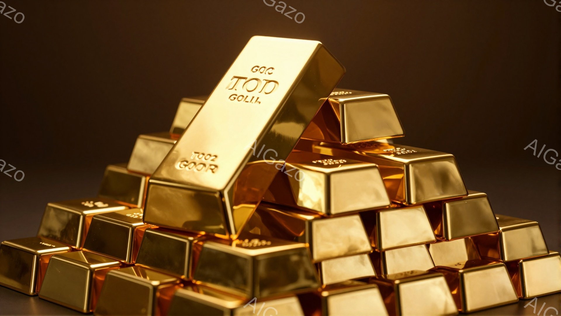 黄金色の延べ棒が積み重なってピラミッド状になっている。延べ棒には「GOOD DELIVERY」と刻印されており、表面は光沢があり、反射している。背景は暗い茶色で、焦点は延べ棒に絞られており、富と安定の象徴のような雰囲気を醸し出している。
