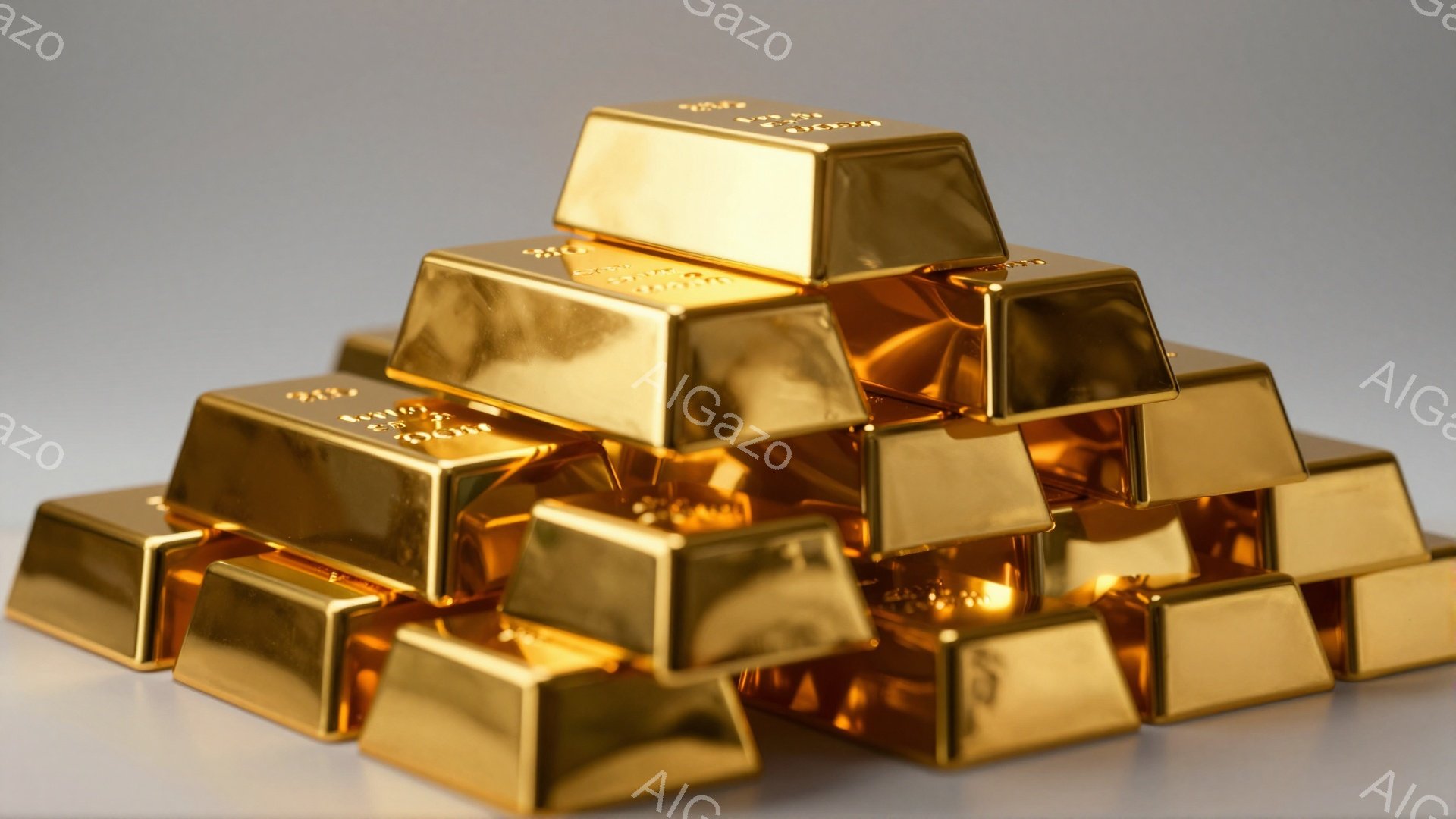 黄金色の延べ棒が積み重ねられた画像です。延べ棒は光沢があり、表面には製造情報のような刻印が見られます。背景は淡いグレーで、黄金の輝きを際立たせています。