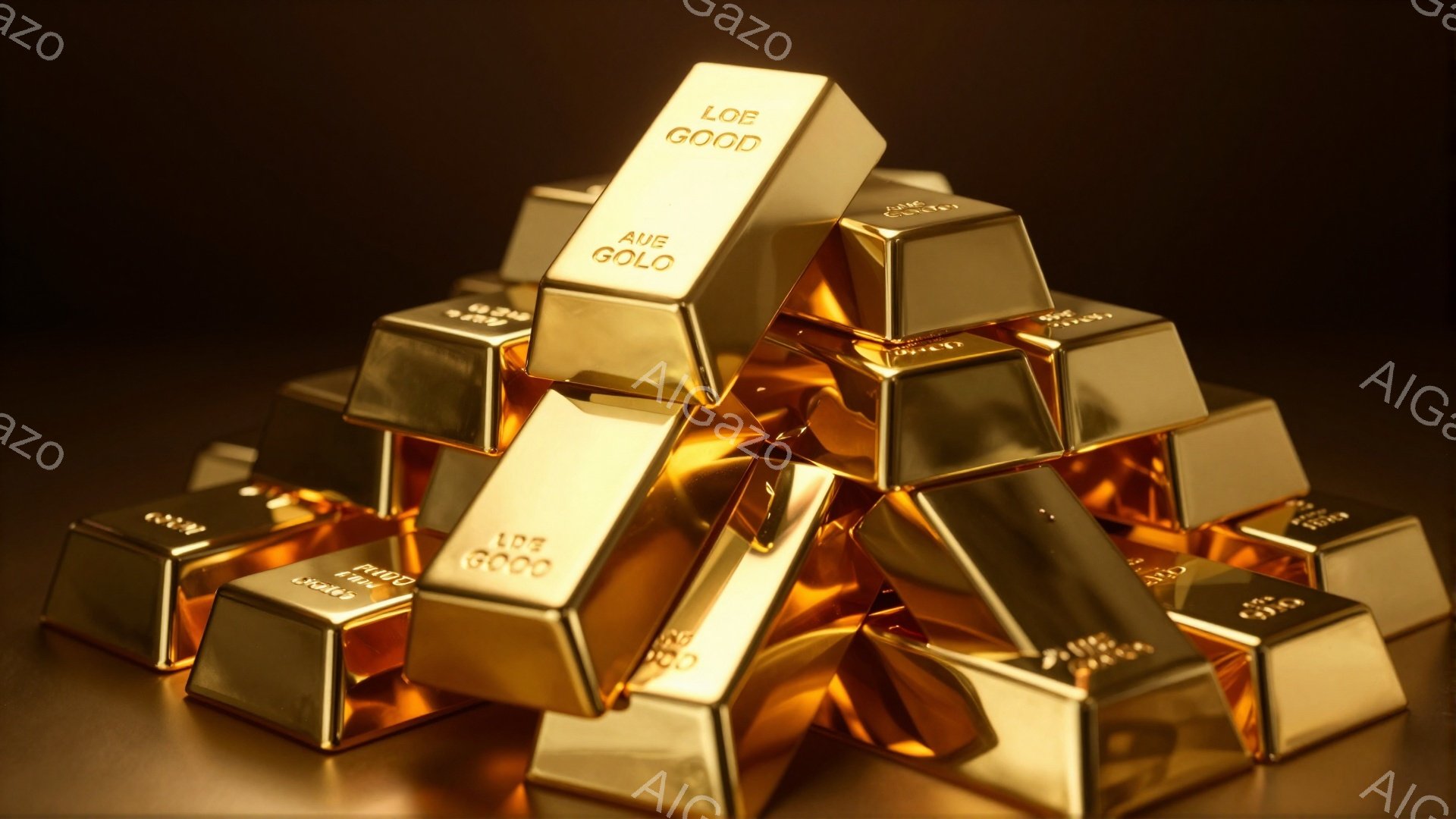 黄金色の延べ棒が積み重なっており、それぞれに「GOOD」と「AU」の文字が刻まれています。背景は暗めの茶色で、延べ棒の輝きを際立たせています。全体的に富と繁栄を象徴するような、重厚感のある雰囲気が漂っています。