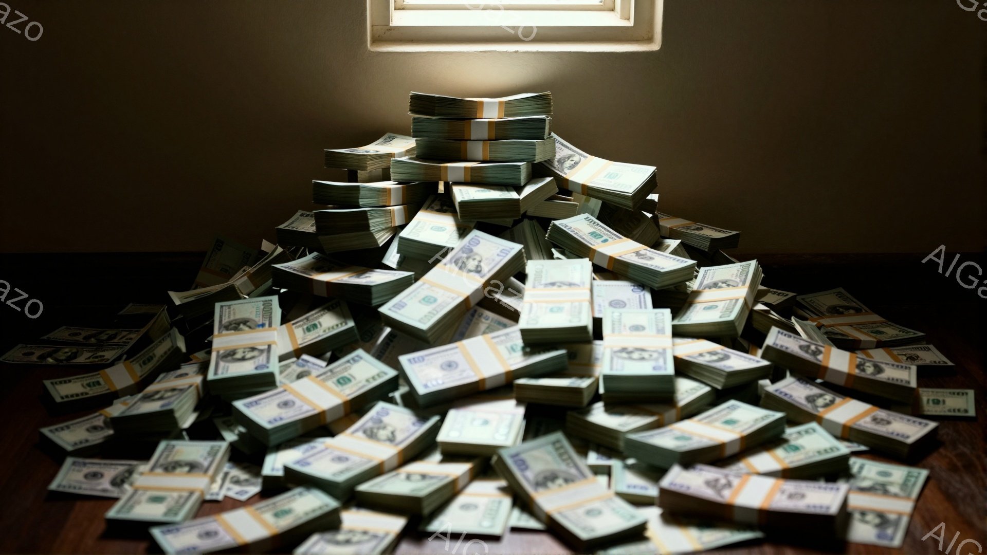 画像には、茶色の表面の上に積み上げられた大量の100ドル札の束が写っている。札は丁寧に束ねられ、乱雑に、しかし積み重ねられるように配置されている。背景は暗く、焦点は札の束に当てられており、富や豊かさの - AI生成フリー素材