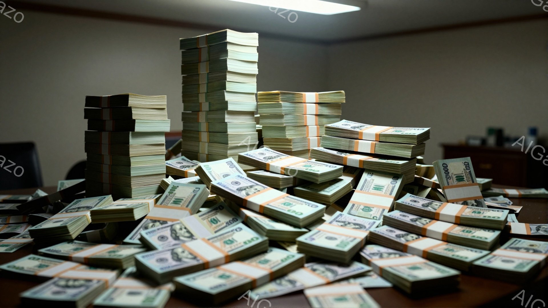 画像には、茶色のテーブルの上に積み上げられた大量の100ドル札の束が写っている。札はオレンジ色のバンドでまとめられており、まるで山のように積み重なっている。背景はシンプルな壁で、全体的に富と豊かさを暗示するような印象を与える。