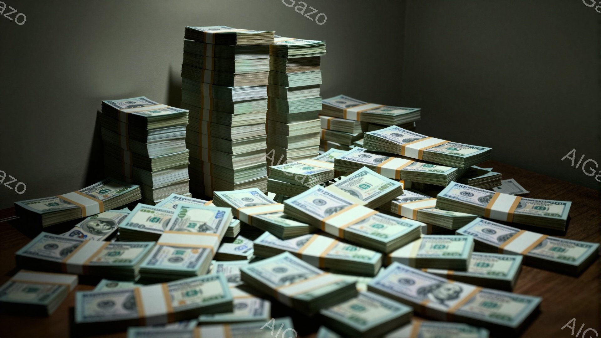札束がテーブルの上に散乱し、積み上げられている様子が写っている。背景は暗く、札束の緑色が際立っている。全体的に富や豊かさを象徴するような雰囲気である。 - AI生成フリー素材