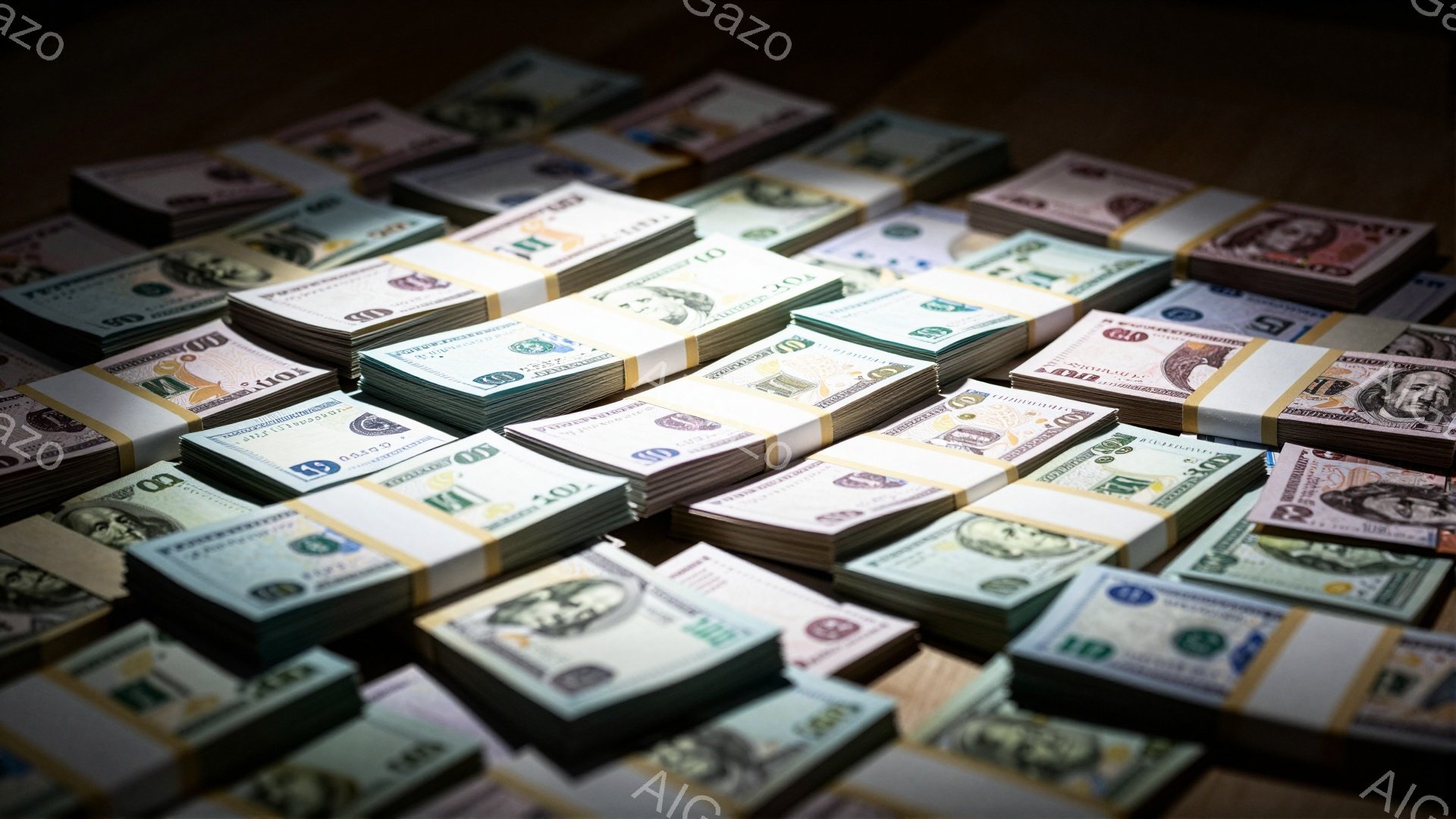 この画像には、整然と積み重ねられたアメリカ合衆国の一ドル札の束が多数写っています。札は様々な色調で、積み重ねられたことで、豊かさや経済的な安定感を想起させます。背景は暗く、札の鮮やかな色彩が際立っており、お金の持つ力強い印象を強調しています。