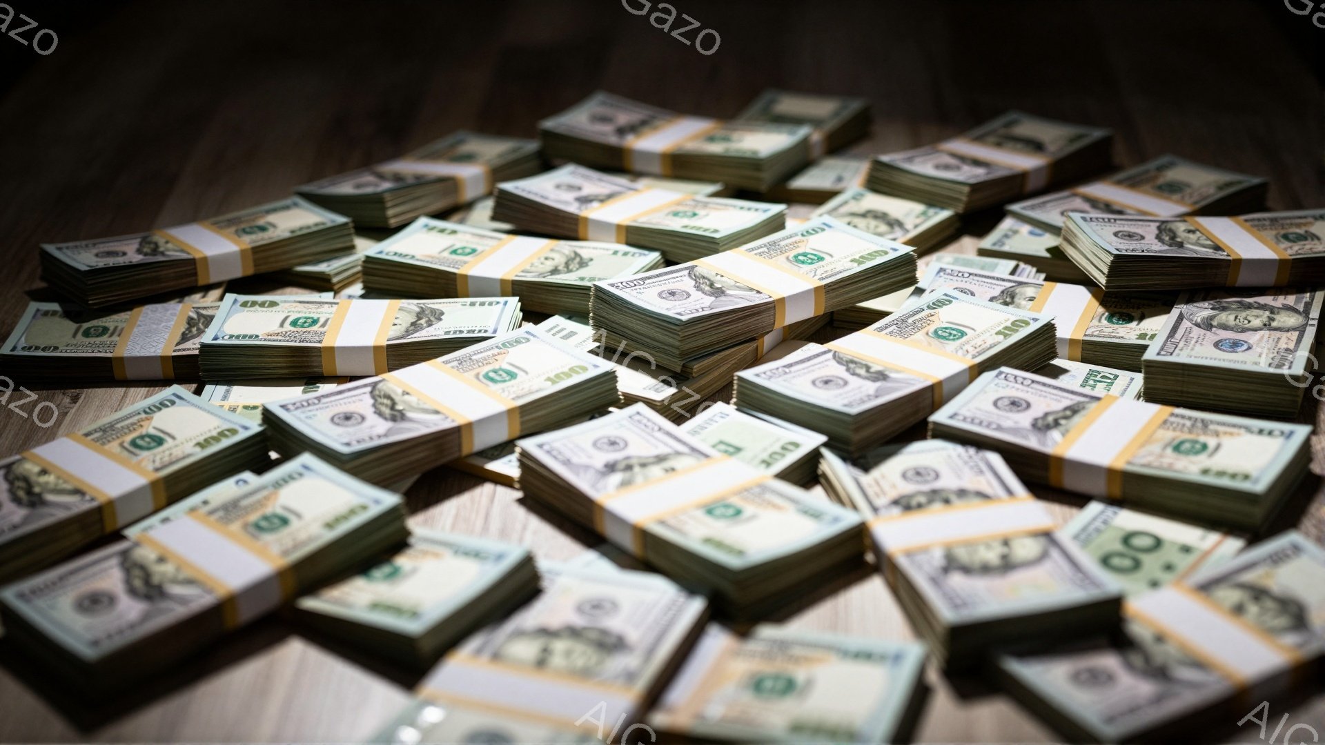多数のドル紙幣がバンドでまとめられ、木製のテーブルの上に山積みに置かれています。紙幣は主に100ドル札で構成され、鮮明な緑色が特徴的です。全体的に富や成功を象徴するような、贅沢で力強い雰囲気が漂ってい - AI生成フリー素材