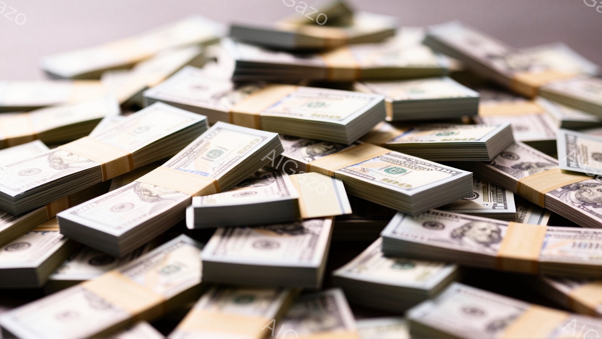 多数のドル紙幣が積み重なっており、それぞれがバンドでまとめられています。光沢のある紙幣の緑と白のコントラストが鮮やかで、富や豊かさを象徴しているようです。背景はぼやけており、紙幣の束が主な焦点となって - AI生成フリー素材