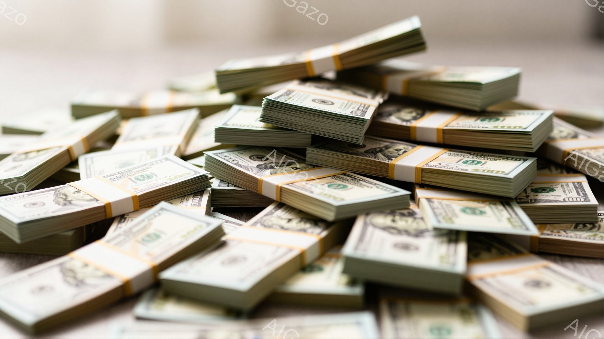 画像には、複数のドル紙幣の束が乱雑に積み重ねられています。紙幣は100ドル札で、それぞれがバンドでまとめられています。背景はぼやけており、全体的に富や豊かさを暗示する印象を与えています。 - AI生成フリー素材