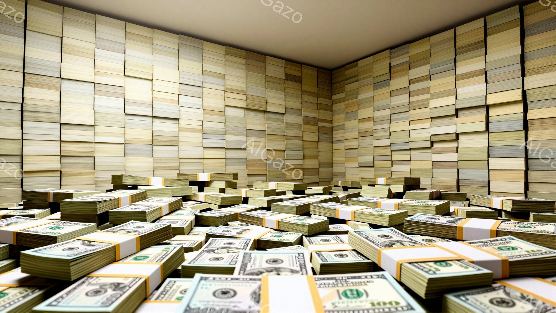 この画像は、一面に積まれたアメリカドル紙幣で埋め尽くされた空間を描写している。床や壁はすべて札束で構成されており、まるで金庫や部屋のような閉鎖的な空間を作り出している。札束は100ドル札で構成されてお - AI生成フリー素材