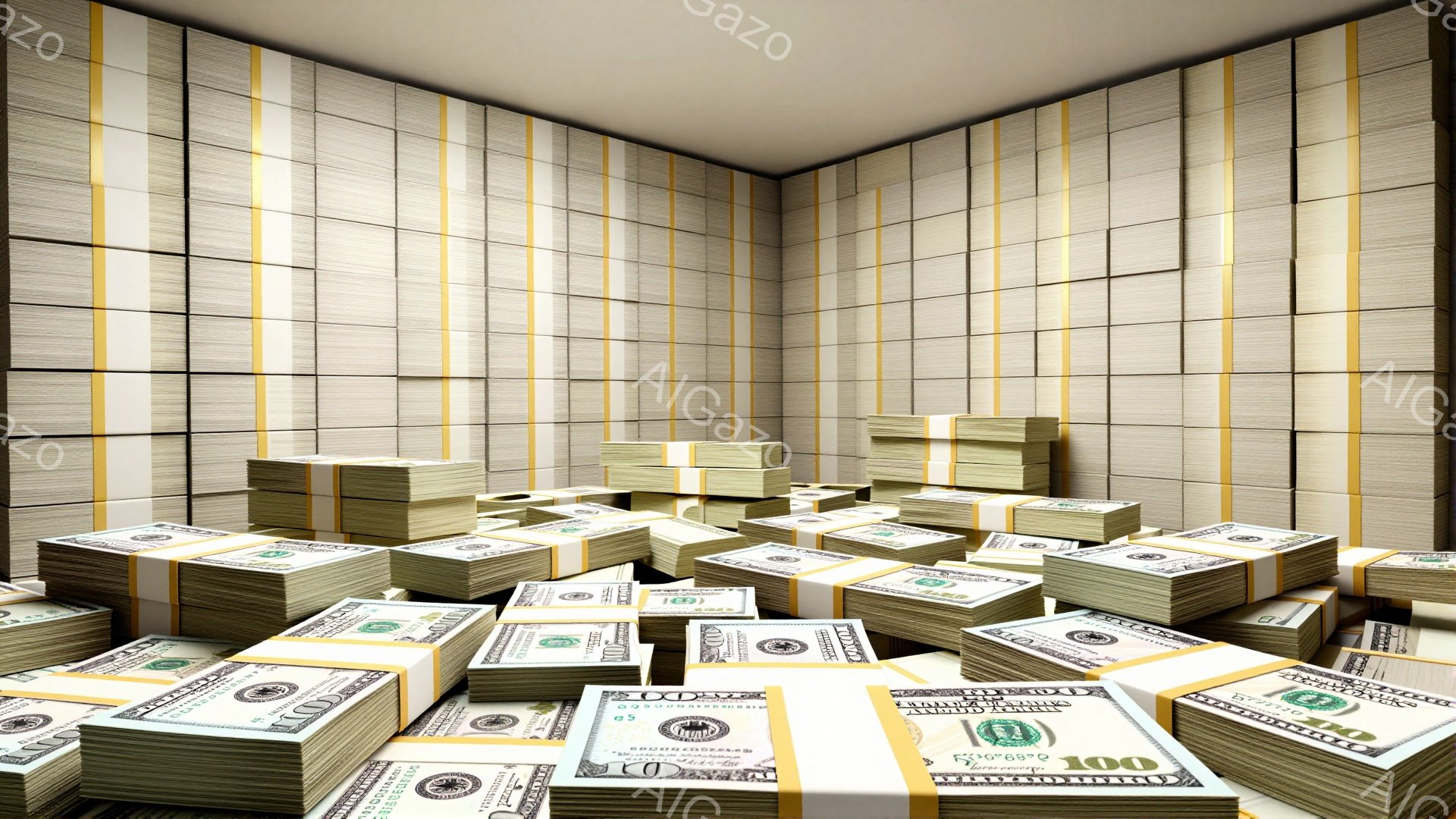 画像は、四方を100ドル札の山で囲まれた小さな部屋を表しています。札は丁寧に積み重ねられ、壁のように配置され、部屋全体を覆っています。この状況は、富や豊かさの象徴であり、閉塞感と圧倒的な印象を与えます。