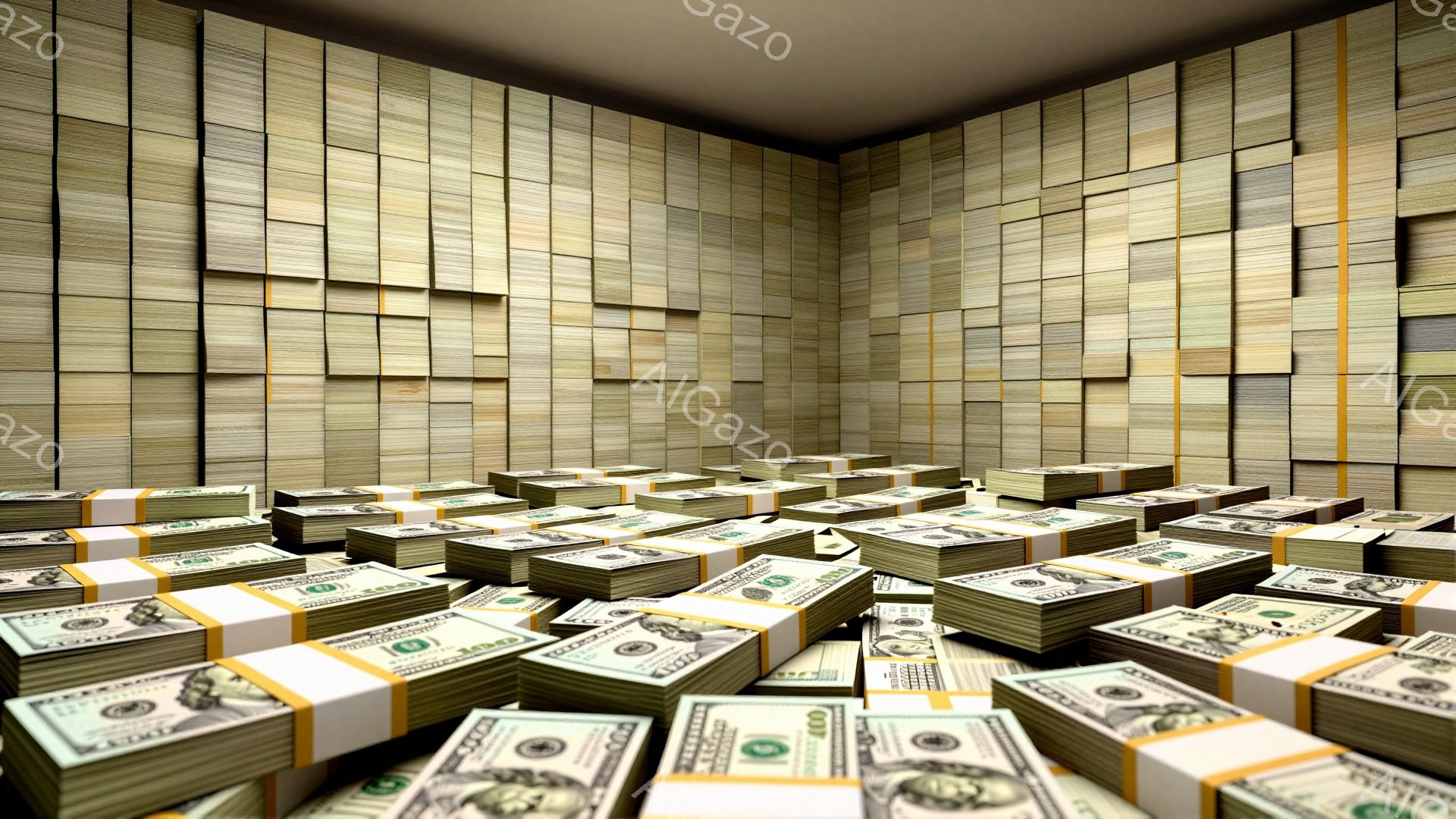 部屋全体が大量の100ドル札の束で埋め尽くされています。札束は床から壁まで積み上げられ、まるで要塞のような空間を作り出しています。明るい照明が札束の緑色を強調し、富と豊かさを象徴する雰囲気を醸し出しています。