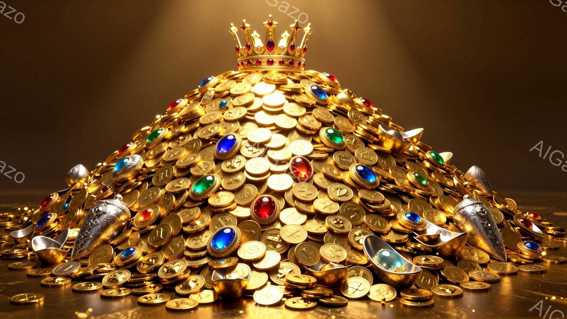 眩い黄金の山が写っており、その頂上には宝石を散りばめた王冠が鎮座しています。山全体が様々な大きさの金貨、装飾品、宝石で構成され、まるで宝の山のような光景です。背景は暗く、山にスポットライトが当たっているように見え、富と権力の象徴が強調されています。