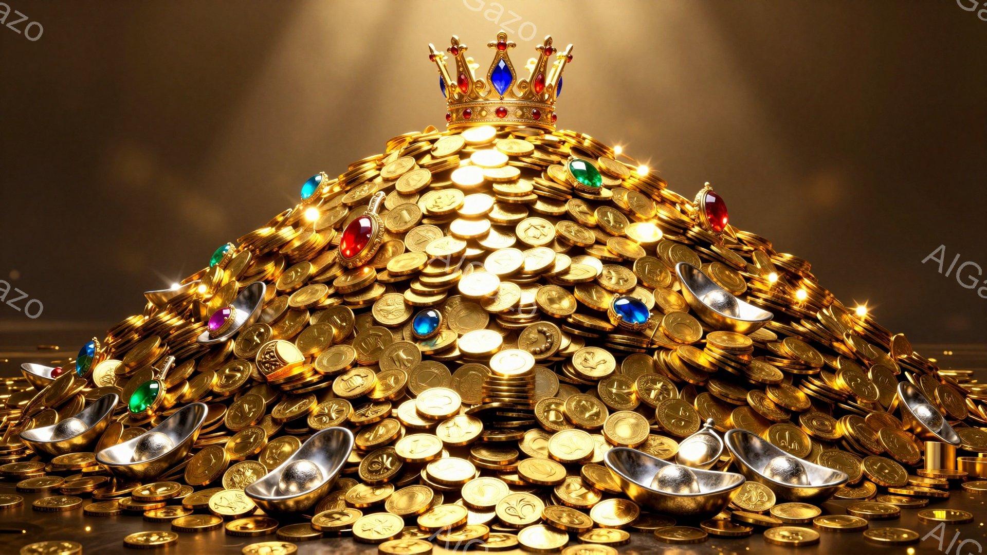 黄金の硬貨と宝飾品が山のように積み上げられた写真です。頂上には豪華な金色の王冠が置かれ、全体的に富と贅沢の雰囲気が漂っています。背景は暗く、スポットライトが黄金の山を照らし、その輝きを強調しています。