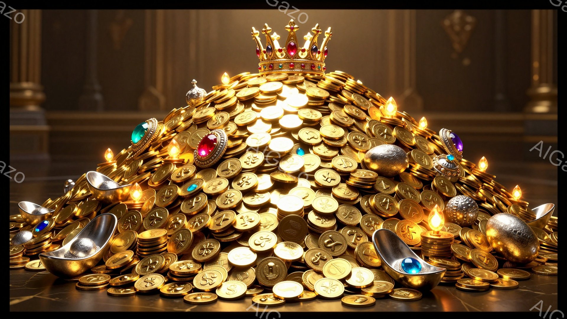 輝く金貨、宝石、装飾品が山のように積み上げられ、頂上には華やかな王冠が置かれています。背景は暗く、積み上げられた財宝が際立っており、全体的に富と贅沢の雰囲気が漂っています。ところどころに配置されたロウソクの光が金色の輝きをさらに強調し、神秘的な雰囲気を醸し出しています。