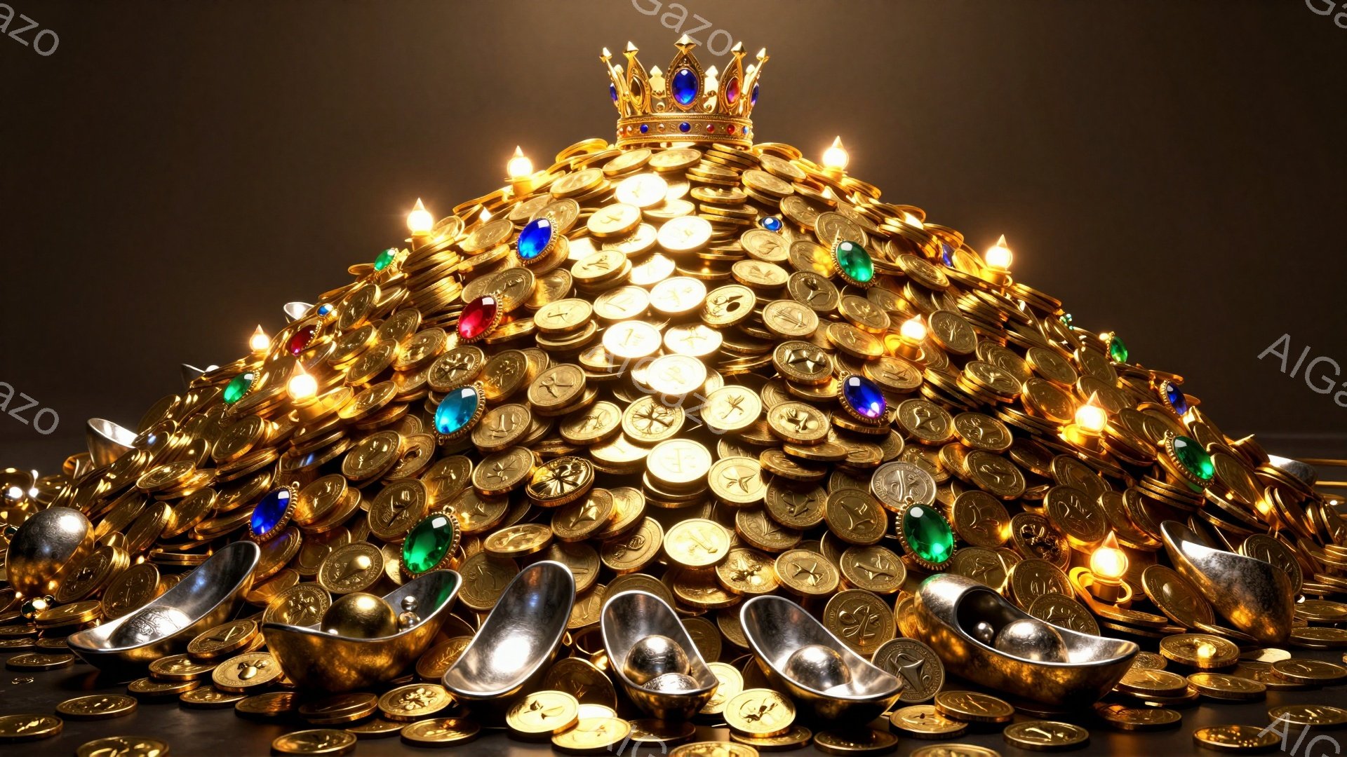 黄金色の硬貨と金属製のインゴットが山積みに積み上げられた画像です。硬貨には様々な模様が刻まれており、赤、緑、青などの宝石が散りばめられています。背景は暗く、硬貨の輝きが際立ち、富と繁栄の雰囲気を醸し出しています。