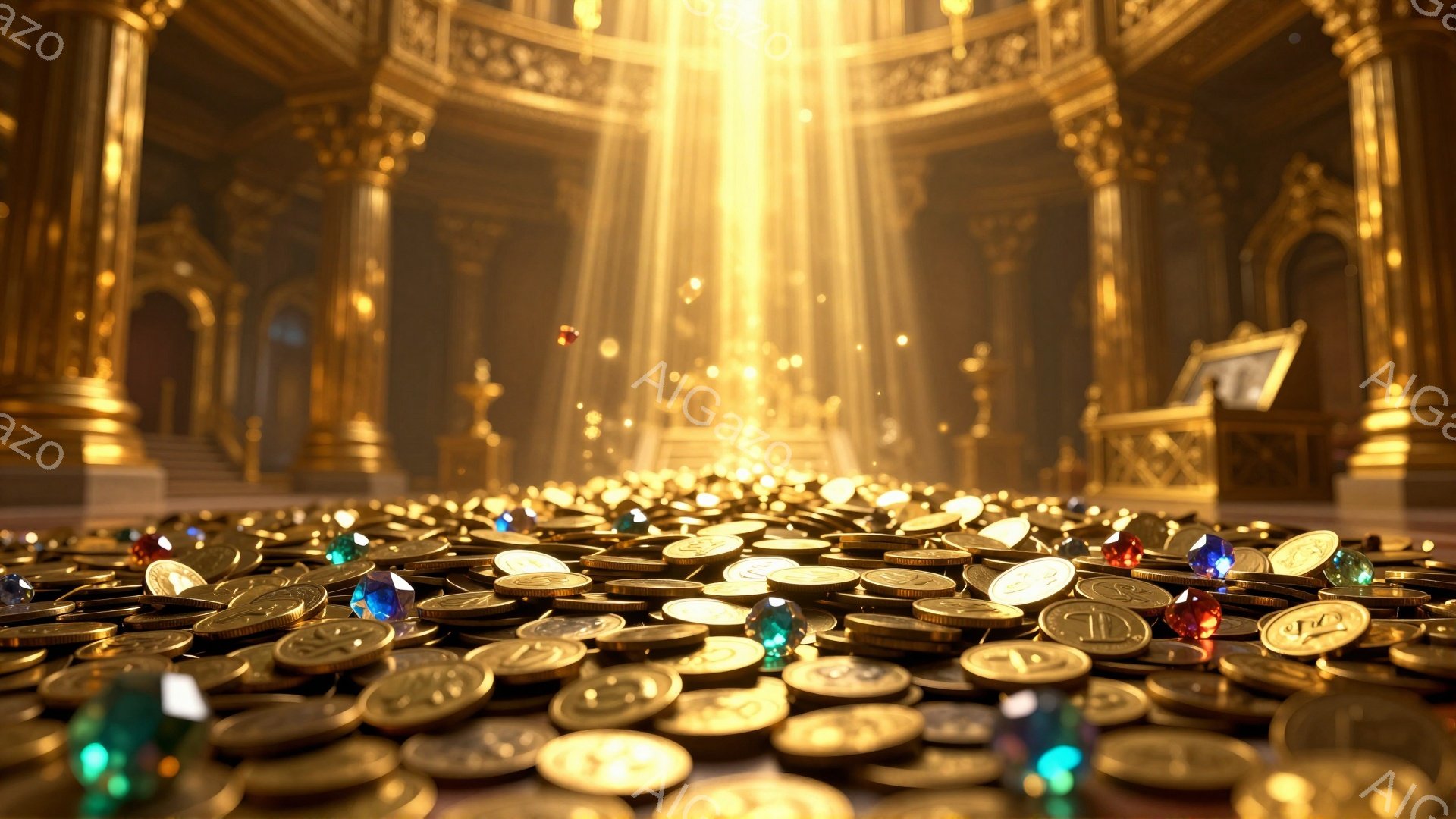 黄金のコインと宝石が山積みに輝き、まるで宝の山のような光景が広がっている。背景には壮麗な宮殿のような建築物がそびえ立ち、神々しい光線が差し込み、豪華絢爛な雰囲気を強調している。全体として、富と権力を象徴する、夢のような空間を描写している。