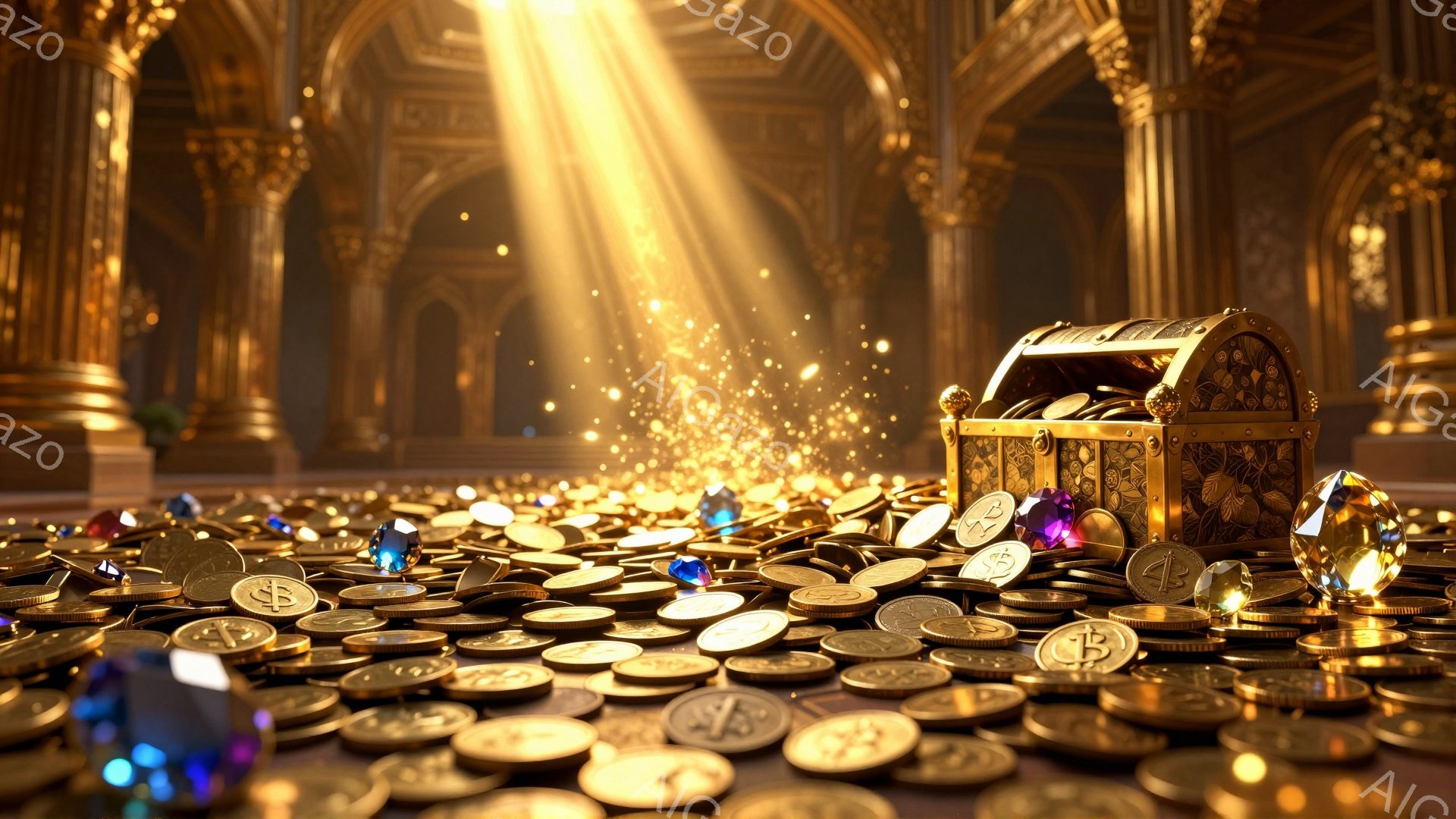 豪華な宝箱が、金貨と宝石の山の中に開け放たれています。背景には、壮大な柱とアーチを持つ、きらびやかな宮殿のような空間が広がっており、光線が差し込み、幻想的な雰囲気を醸し出しています。全体的に富と豊かさを象徴する、まばゆい光景です。