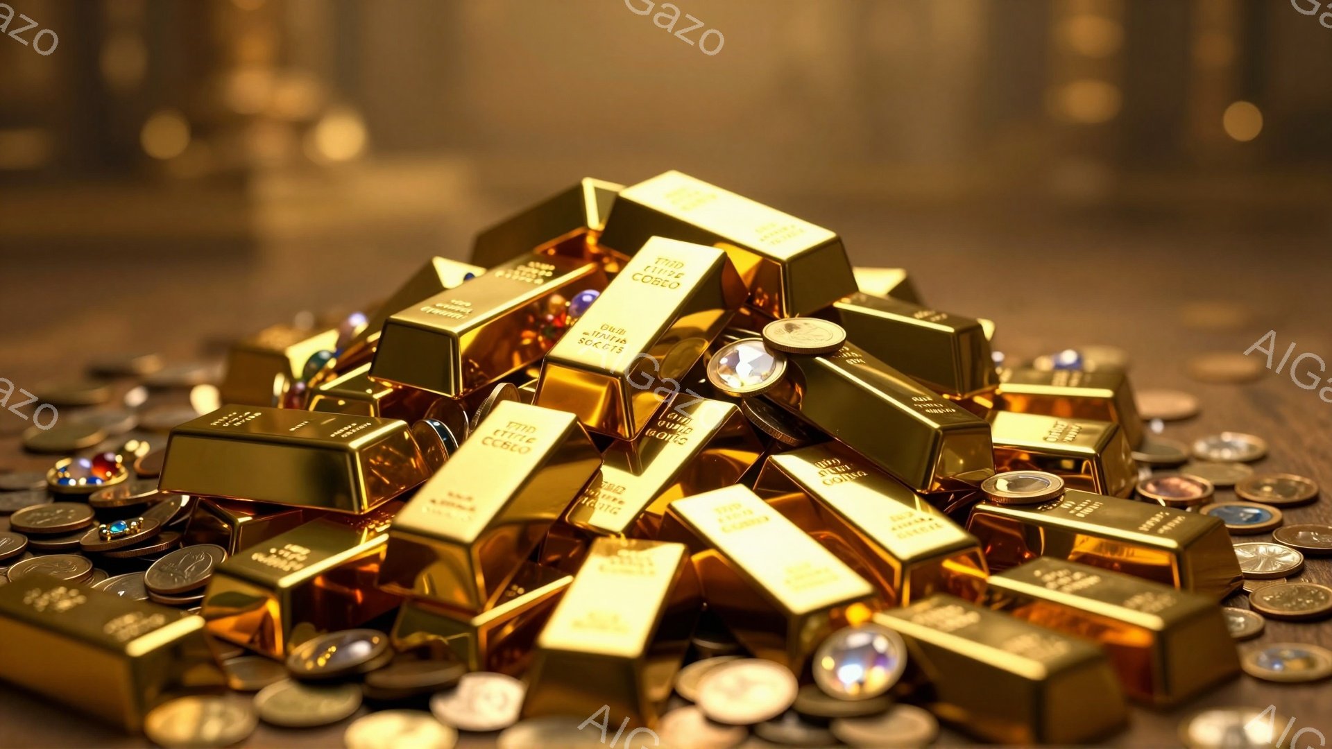 画像には、金色の延べ棒とコインが積み重なった様子が写っています。延べ棒には「Good Delivery」という文字が刻まれ、コインは虹色に輝いています。全体的に暖色系の照明で照らされ、富と贅沢な雰囲気が漂っています。