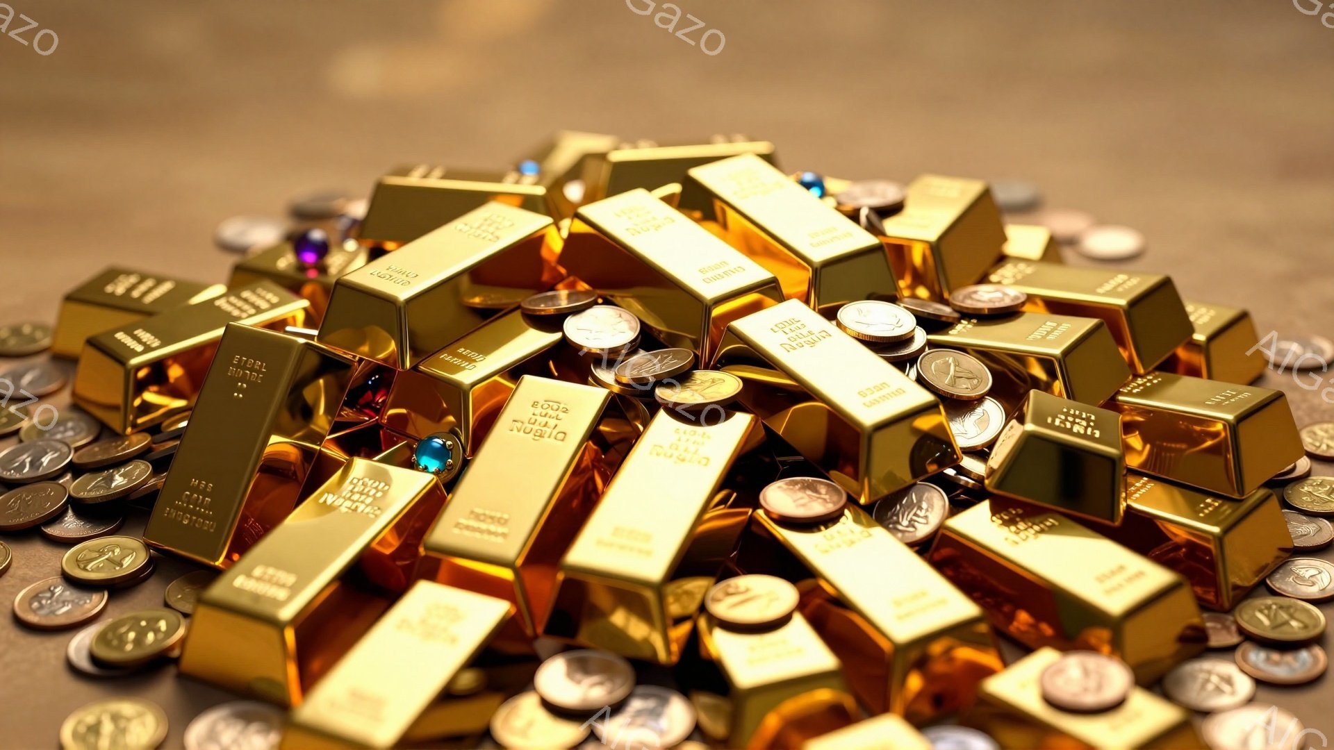 黄金の延べ棒と硬貨が密集して積み重なっている様子が写っている。光沢のある金属の質感が強調され、背景は暗い茶色で、全体的に富と豊かさを象徴する雰囲気である。硬貨と延べ棒の配置は無秩序でありながらも、視覚的なバランスが取れている。