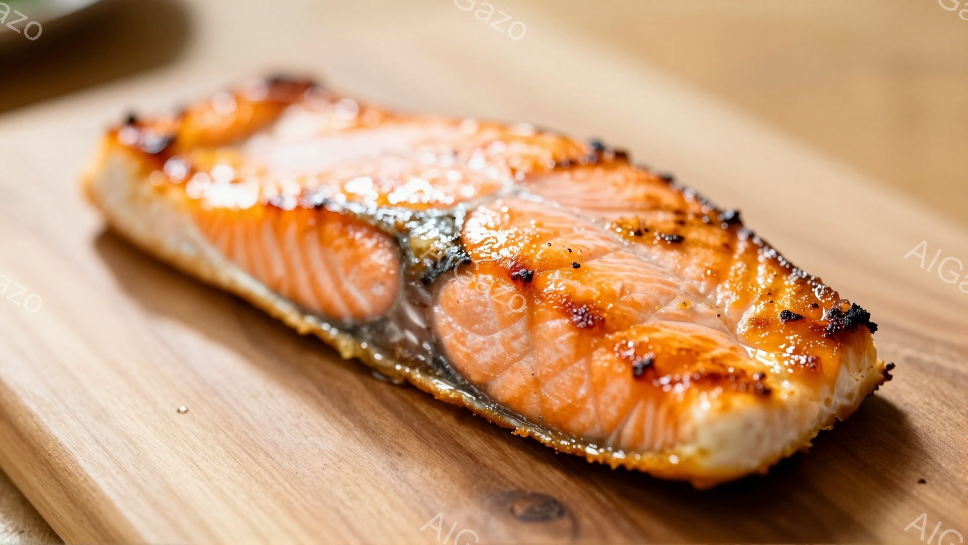 焼き鮭一片が木製のプレートの上に置かれています。表面は美しい焼き色で、所々に焦げ目がつき、光沢があります。鮭の身は鮮やかなオレンジ色で、繊維の模様がはっきりと見え、美味しさを引き立てています。