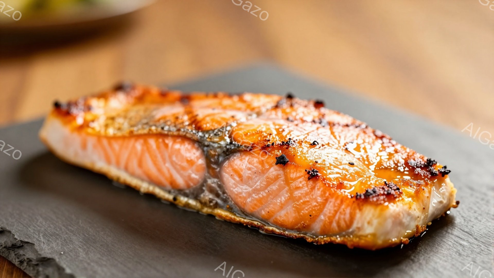 焼き鮭が黒いスレート板の上に置かれています。鮭はオレンジ色とピンク色の美しいグラデーションで、表面は香ばしく焼けており、ところどころに焦げ目がついています。背景には木製のテーブルの一部が見え、料理の暖かさと自然な雰囲気を醸し出しています。