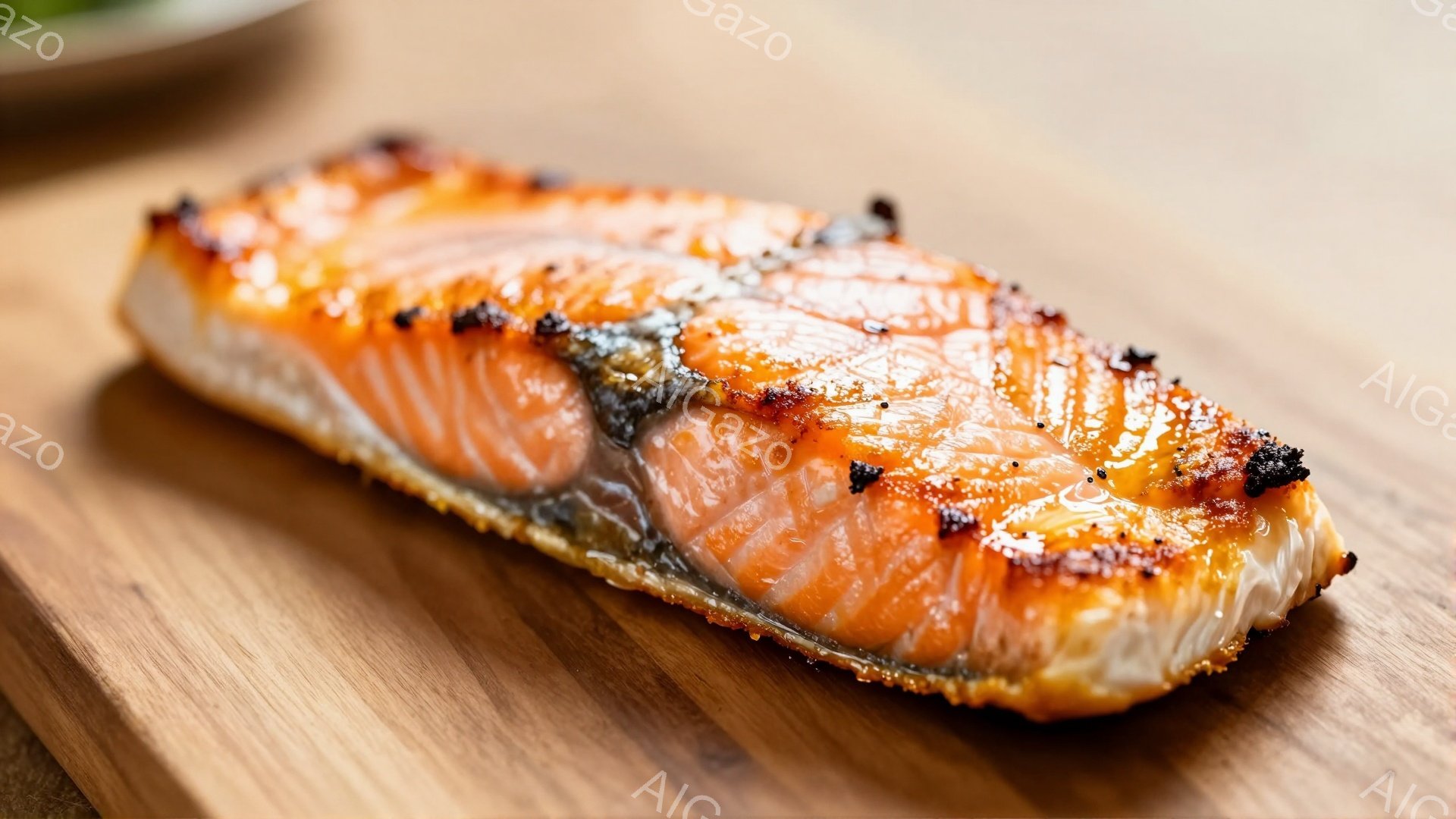 焼き鮭が木製の板の上に置かれている。鮭の表面は焦げ目がつき、オレンジ色の身が透けて見える。背景はぼやけており、暖色系の木材の質感が見て取れる。 - AI生成フリー素材