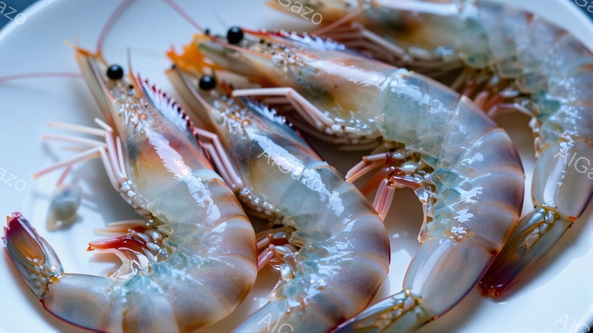 画像には、皿の上に並べられた新鮮なエビが写っています。エビはピンクと白のストライプ模様で、頭と尾が鮮やかです。背景は淡い色調で、エビの鮮やかさを際立たせており、全体的に清潔で食欲をそそる雰囲気が漂って - AI生成フリー素材