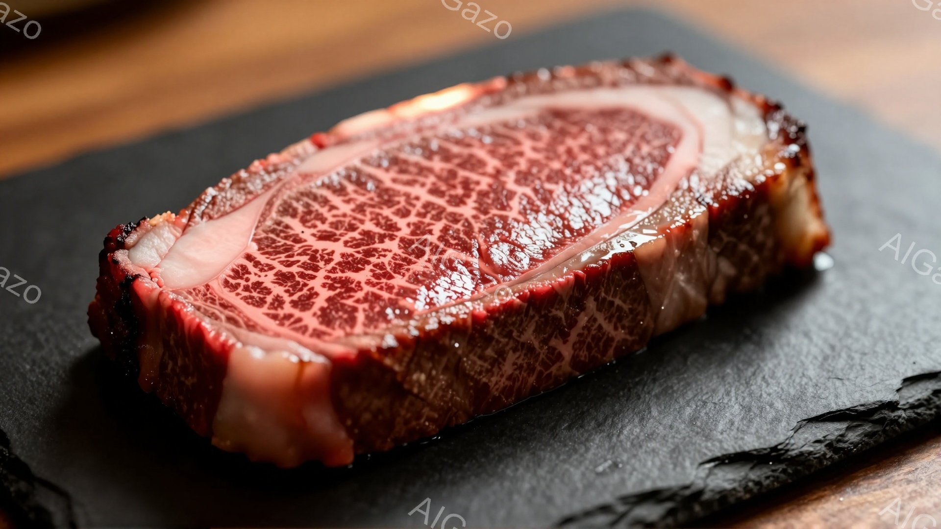 鮮やかな赤身と白く溶けた脂が特徴的な、見事な霜降り牛肉のスライスが、黒いスレートの上に置かれています。肉の表面には細かい霜降りの模様が広がり、高品質であることが伺えます。背景はぼやけていますが、落ち着 - AI生成フリー素材