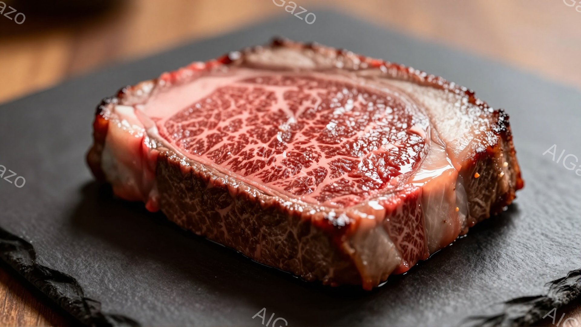 厚切りの牛肉が黒色のスレートの上に置かれています。肉は美しい霜降りで、赤身と白身が織りなす模様が食欲をそそります。背景は木目調で、肉の鮮やかさを引き立てています。