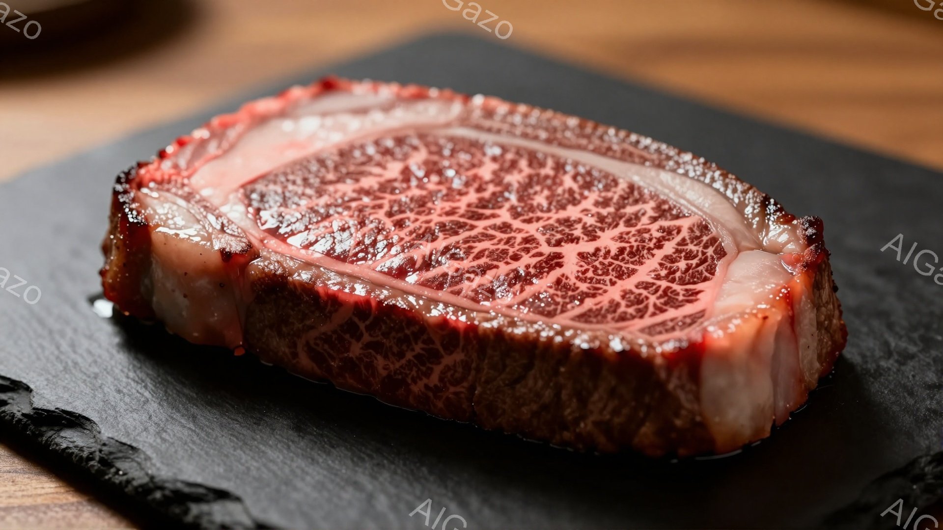 鮮やかな赤身と白く美しい霜降りが特徴的な牛肉の塊が、黒色のスレート板の上に置かれています。肉の表面には照りがあり、ジューシーで柔らかそうな食感が想像できます。背景は木目調のテーブルで、高級感があり、食欲をそそる雰囲気です。