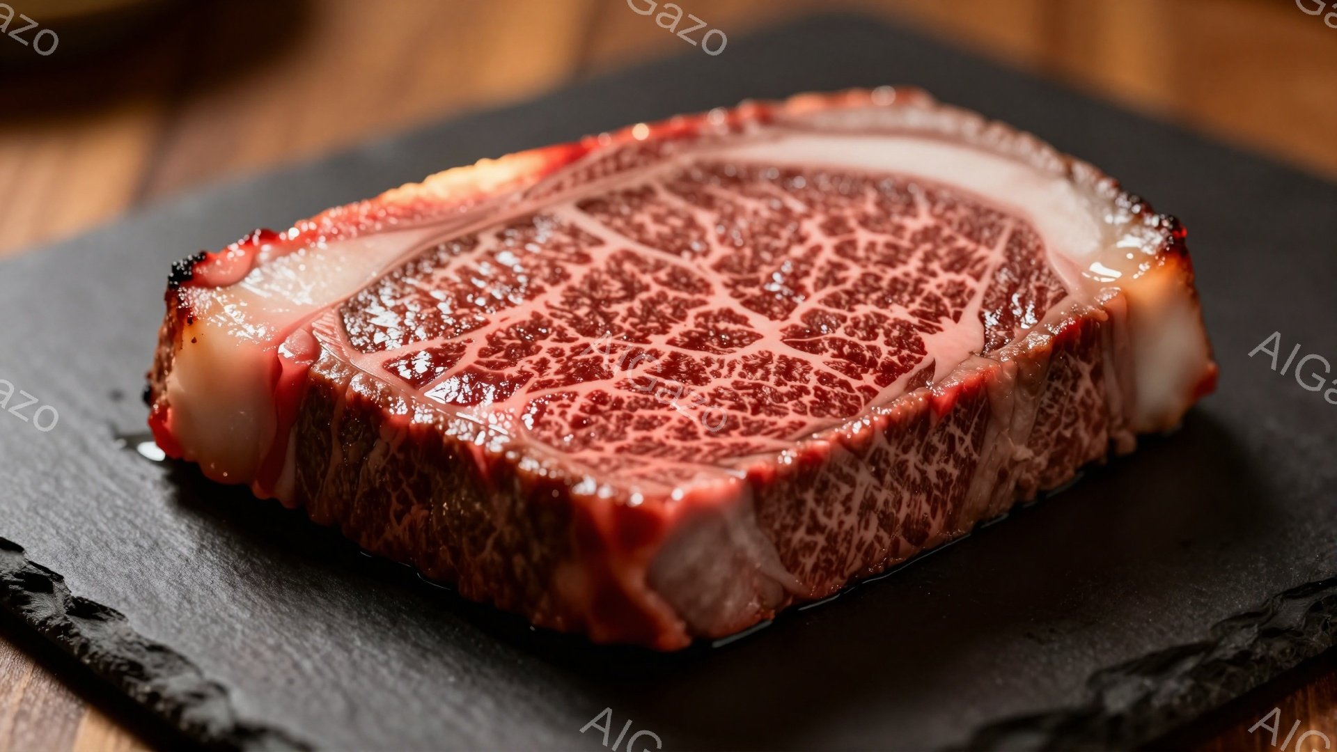 鮮やかな赤身と白い脂が美しい牛肉の塊が、黒いスレート板の上に置かれている。肉の表面には、まるで大理石のような細かい霜降り模様が広がっており、質の良さが一目でわかる。背景はぼかされており、肉そのもののテクスチャと色彩が際立っている。