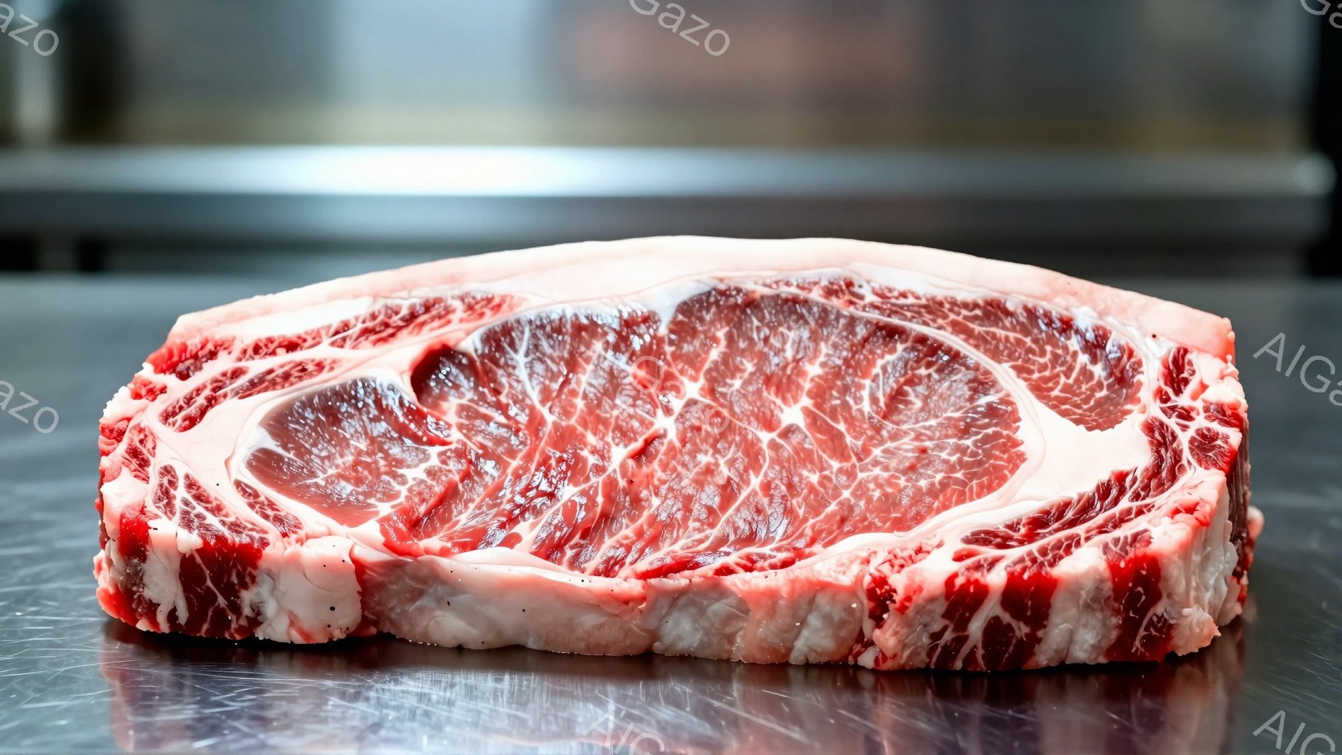 この画像は、霜降りの美しい牛肉のステーキ肉の断面図を示している。赤身と白身のマーブル模様が特徴的で、新鮮さが感じられる。背景は金属製の台面で、光沢があり、肉の鮮やかさを際立たせている。