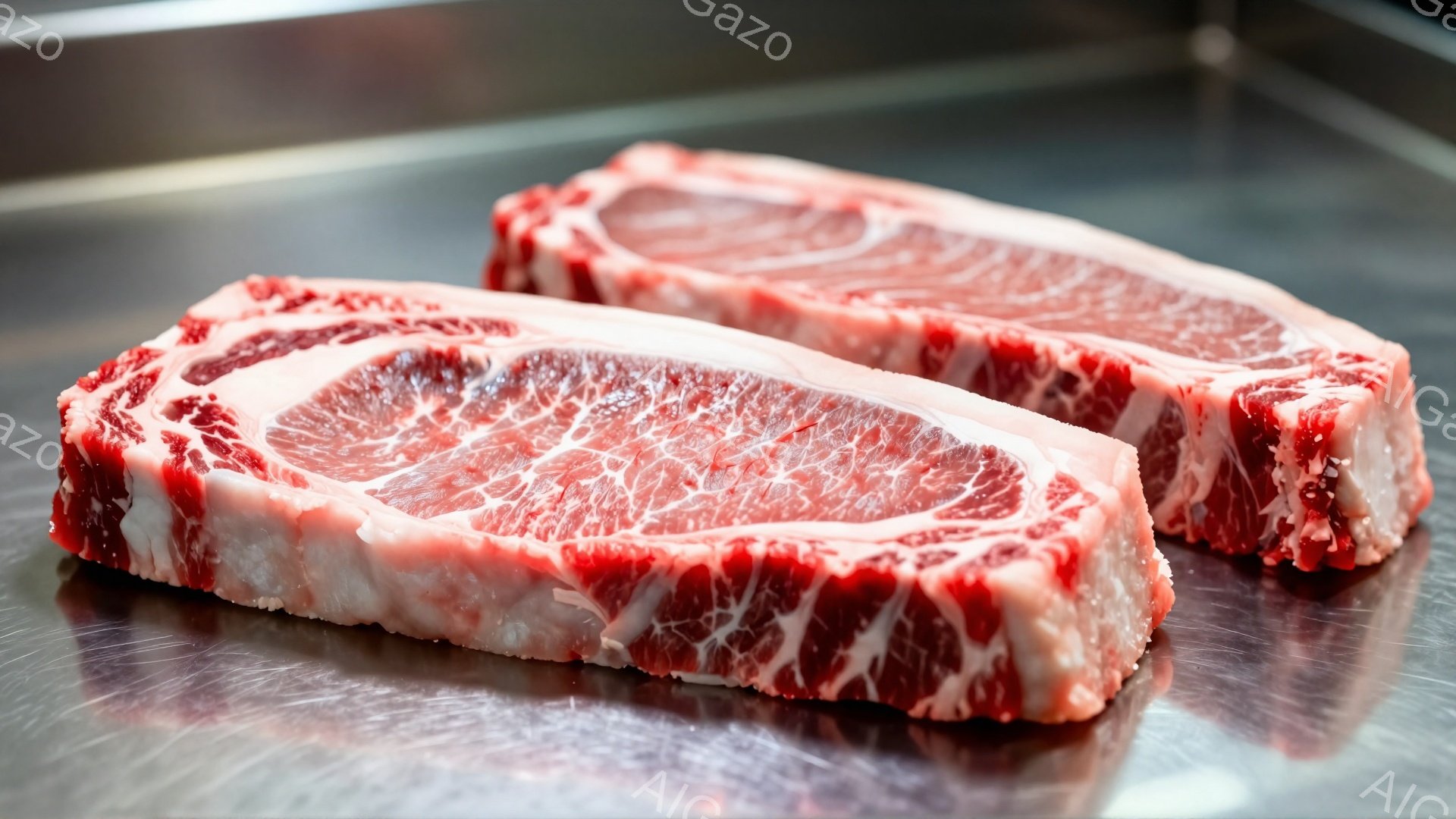 画像には、霜降り牛肉のステーキ肉2枚が、光沢のある金属製の表面に置かれています。肉は鮮やかな赤色で、細かい脂肪の網目が特徴的です。背景はぼやけており、肉の質感を際立たせています。