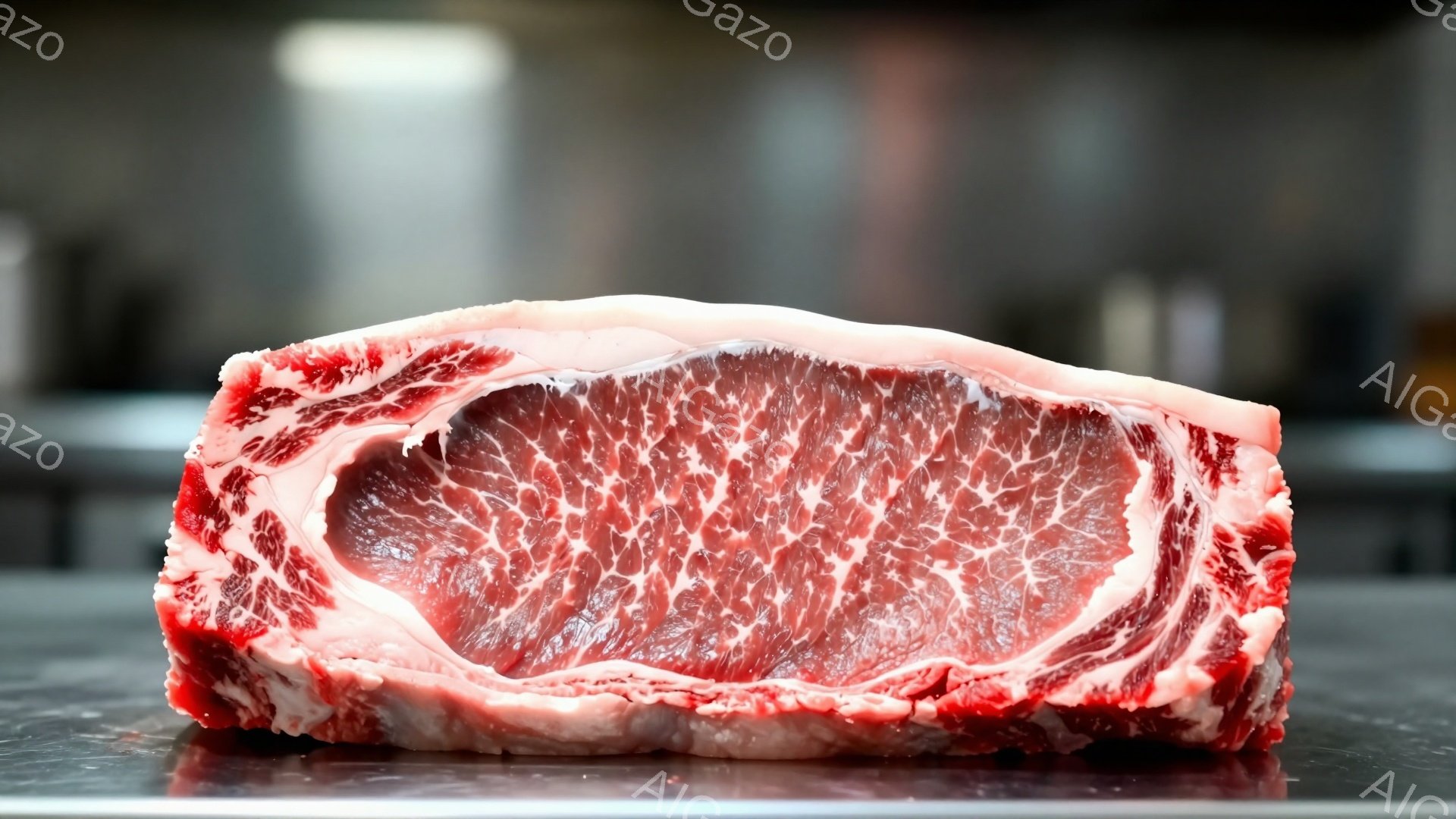 厚切りの牛肉が、光沢のある表面を見せて撮影されています。赤身と白くきめ細かい脂身が美しくマーブル模様を描き、非常に高品質であることがわかります。背景はぼやけており、ステンレスのような素材で、牛肉が際立っています。