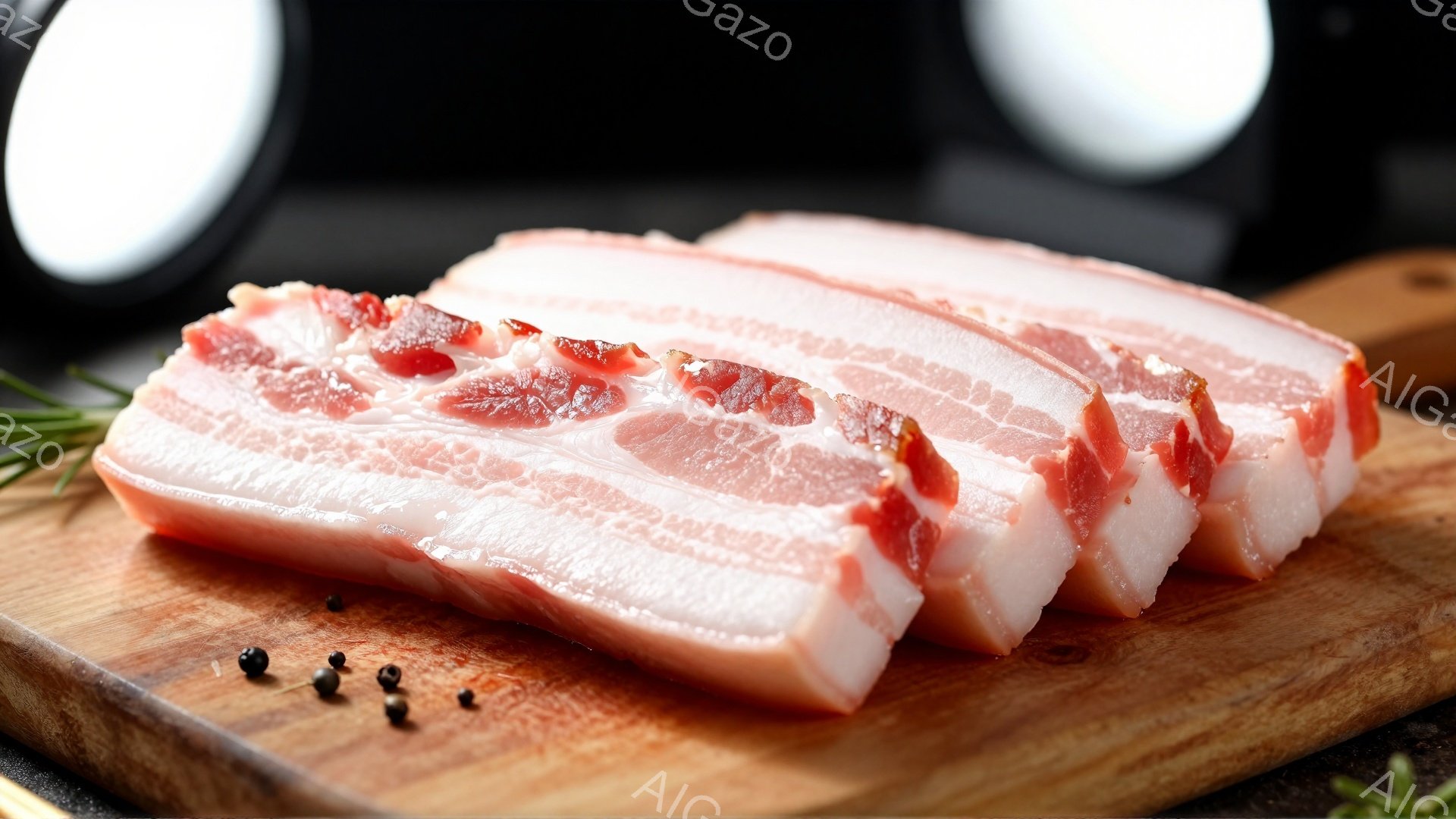 画像には、木製のまな板の上に置かれた豚バラ肉のスライスが3枚写っています。肉はピンク色と白の脂肪の層が混ざり合い、新鮮で美味しそうに見えます。黒胡椒が少し散らされており、背景は暗く、焦点が肉に当てられ - AI生成フリー素材