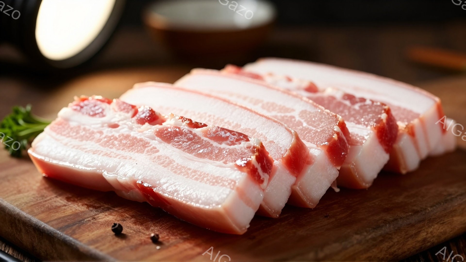 豚バラ肉のスライスが木製のプレートに並べられています。肉はピンクと白の層がはっきりと見え、新鮮で美味しそうです。背景には黒胡椒が散りばめられ、緑色のハーブが添えられています。