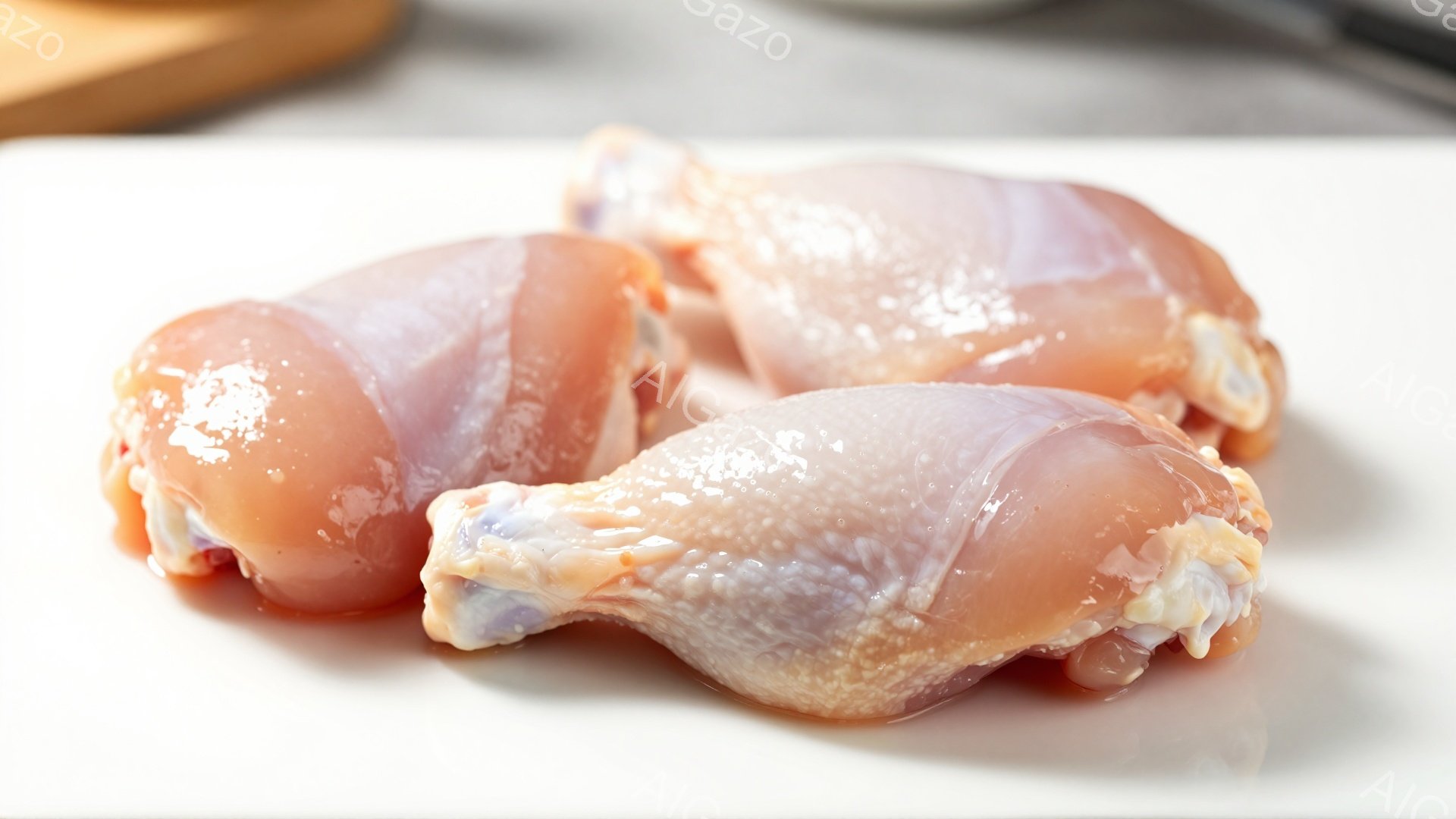 画像には、白い皿の上に置かれた3つの鶏もも肉が写っている。鶏肉は生で、少しピンクがかっており、表面はわずかに湿っているように見える。背景はぼやけており、皿の素材とわずかな影が見えるのみである。
