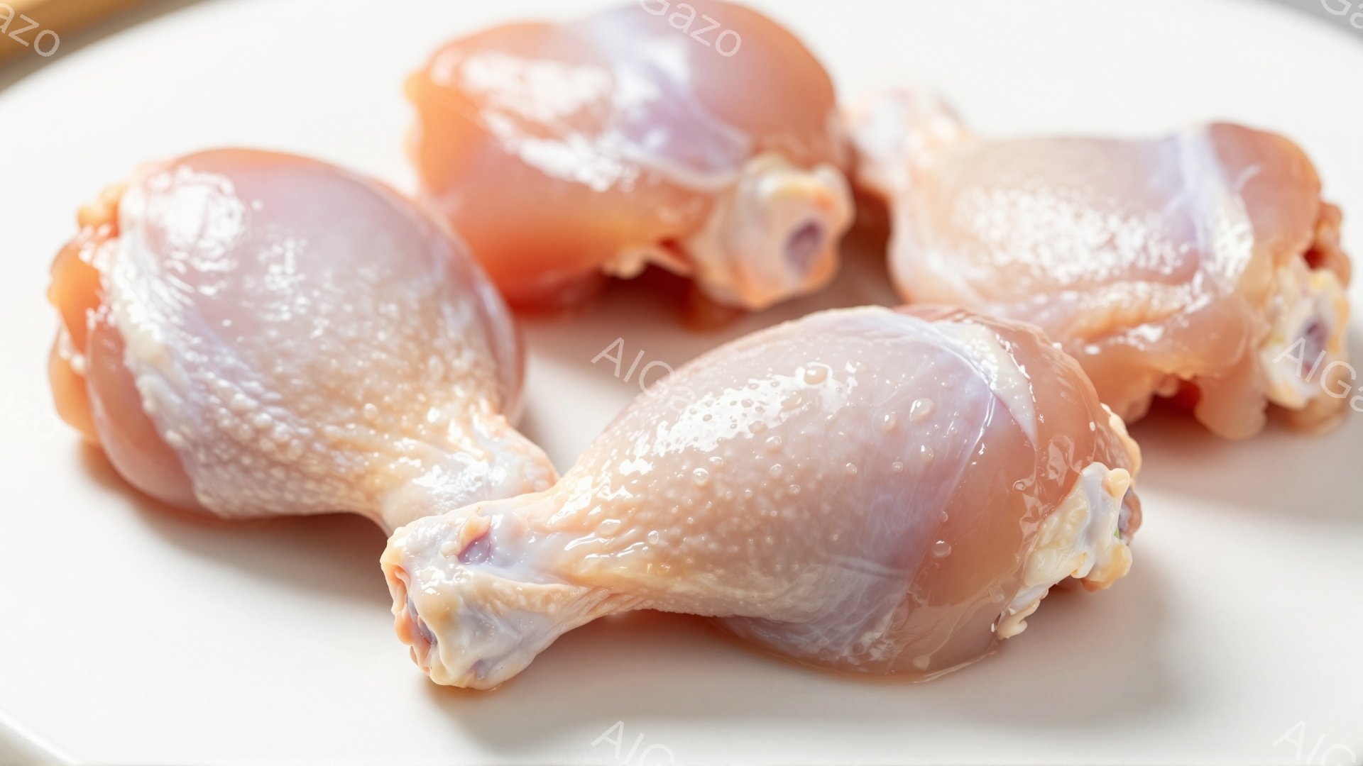 白い皿の上に、生きた鶏もも肉が四つ並んでいます。鶏肉は少し湿っていて、表面に小さな水滴が見えます。背景は白く、食品の鮮度を際立たせています。