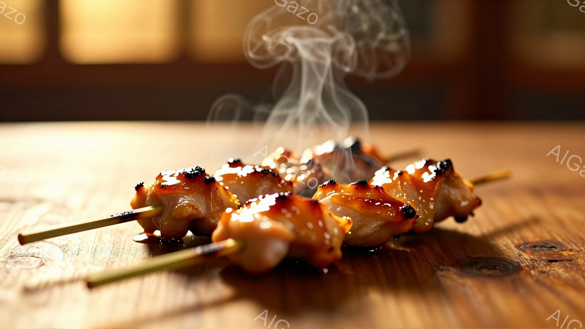 照り照りのタレがかかった焼き鳥が串に刺さって並べられています。湯気が立ち上り、焼きたての熱々であることが伝わってきます。背景は木目調のテーブルで、シンプルな構成ながら食欲をそそる一枚です。