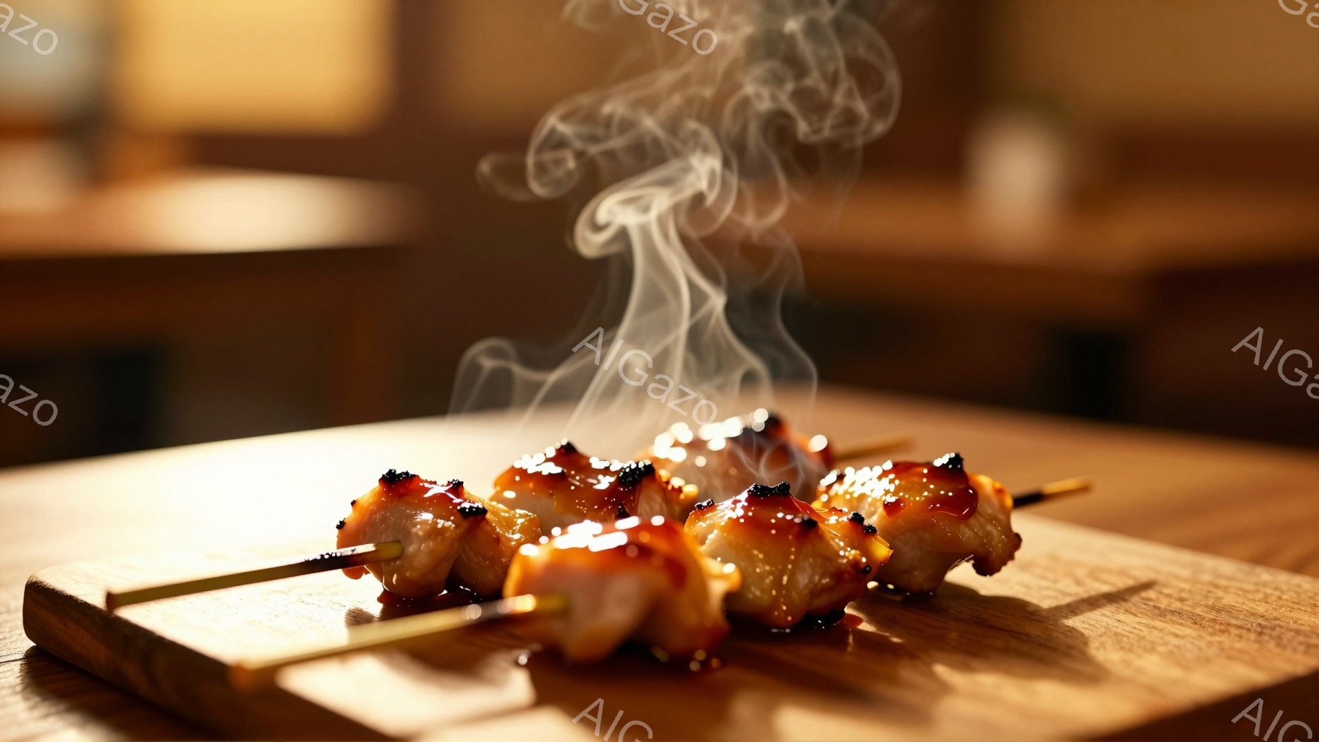 串に刺された照り焼きチキンが木製の板の上に並べられています。蒸気が立ち上っており、鶏肉の照りや焼き目が食欲をそそります。背景はぼやけていますが、温かみのある木目調のテーブルであることがわかります。 - AI生成フリー素材