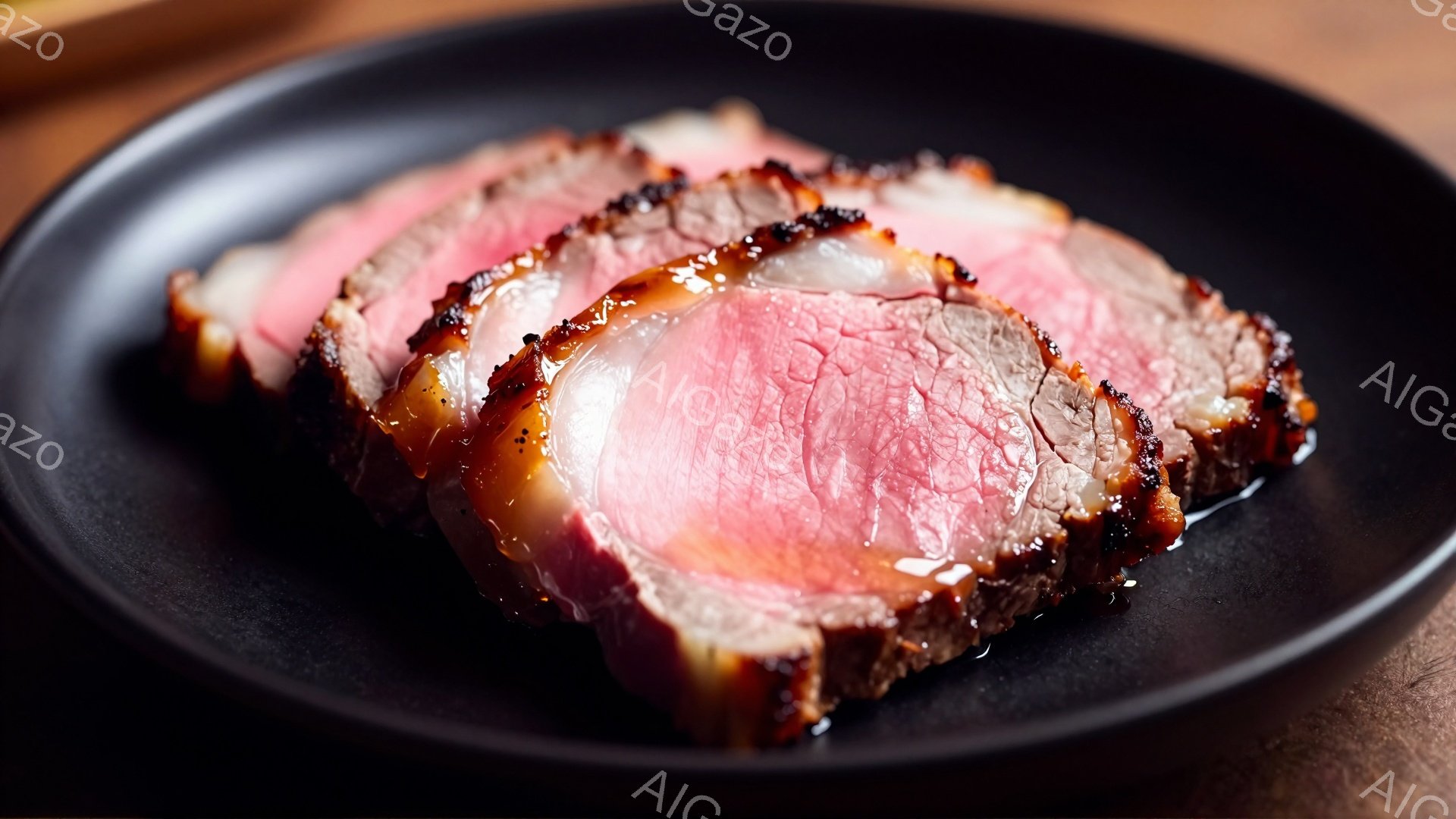 漆黒の皿の上に、薄くスライスされたローストビーフが並べられています。肉の表面は香ばしく焼き色が付いており、内部は鮮やかなピンク色でジューシーに見えます。皿の上には肉から染み出した肉汁が光沢を放ち、食欲 - AI生成フリー素材