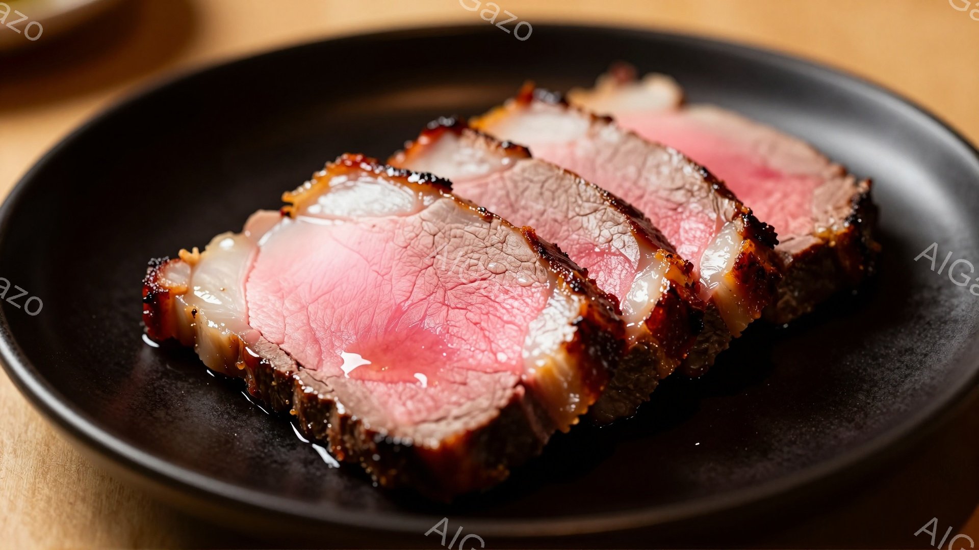 皿に盛り付けられた牛肉のスライスが写っている。外側は香ばしい焦げ目がつき、中は鮮やかなピンク色で、ジューシーな肉汁が輝いている。背景は木製のテーブルで、料理に温かみと落ち着きを与えている。