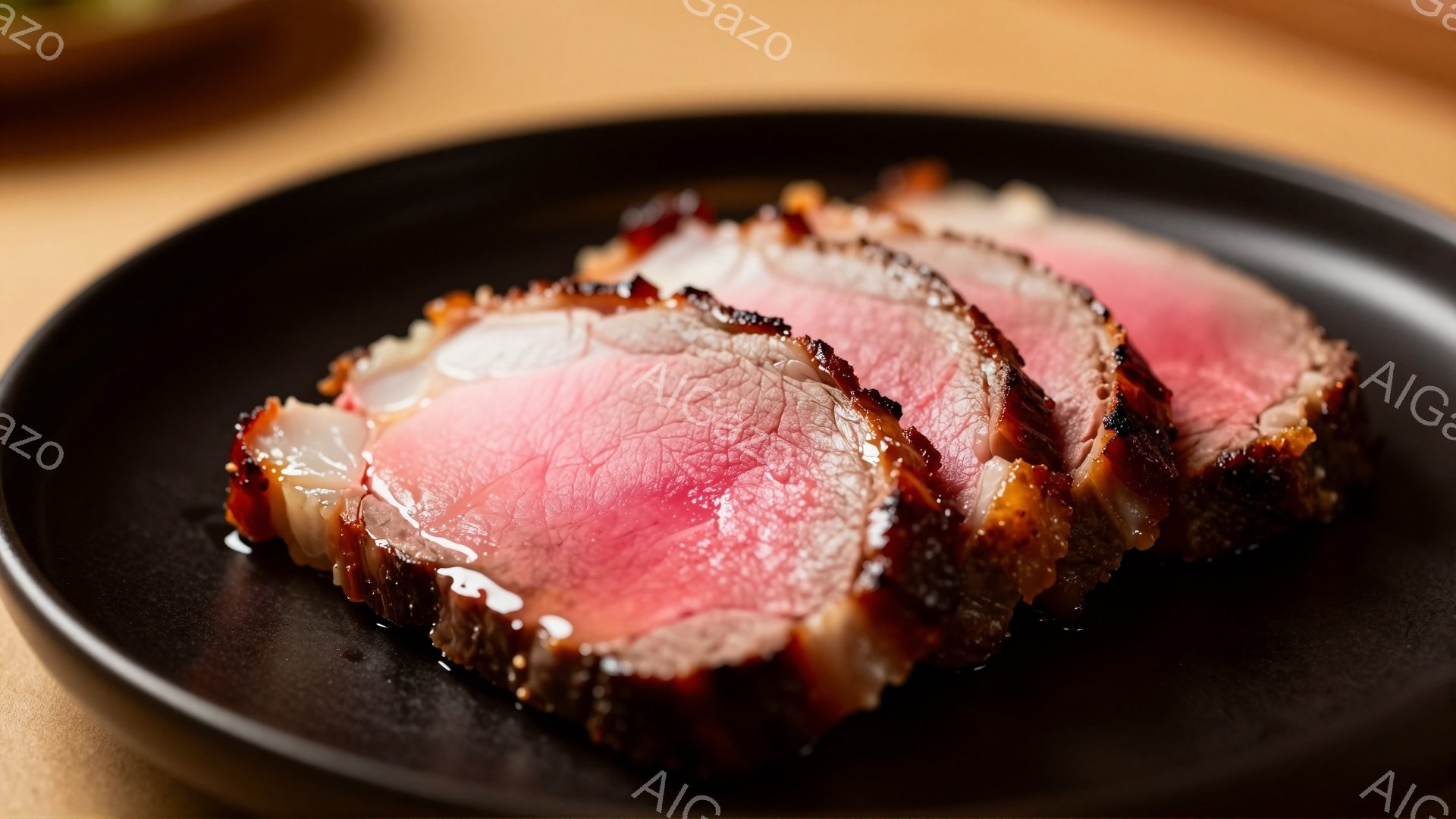 皿の上には、薄くスライスされたローストビーフが並べられています。肉の表面は焦げ目がつき、内部は鮮やかなピンク色で、ジューシーな肉汁が光っています。背景には木製のテーブルがぼんやりと見え、全体的に高級感があり、食欲をそそる雰囲気です。