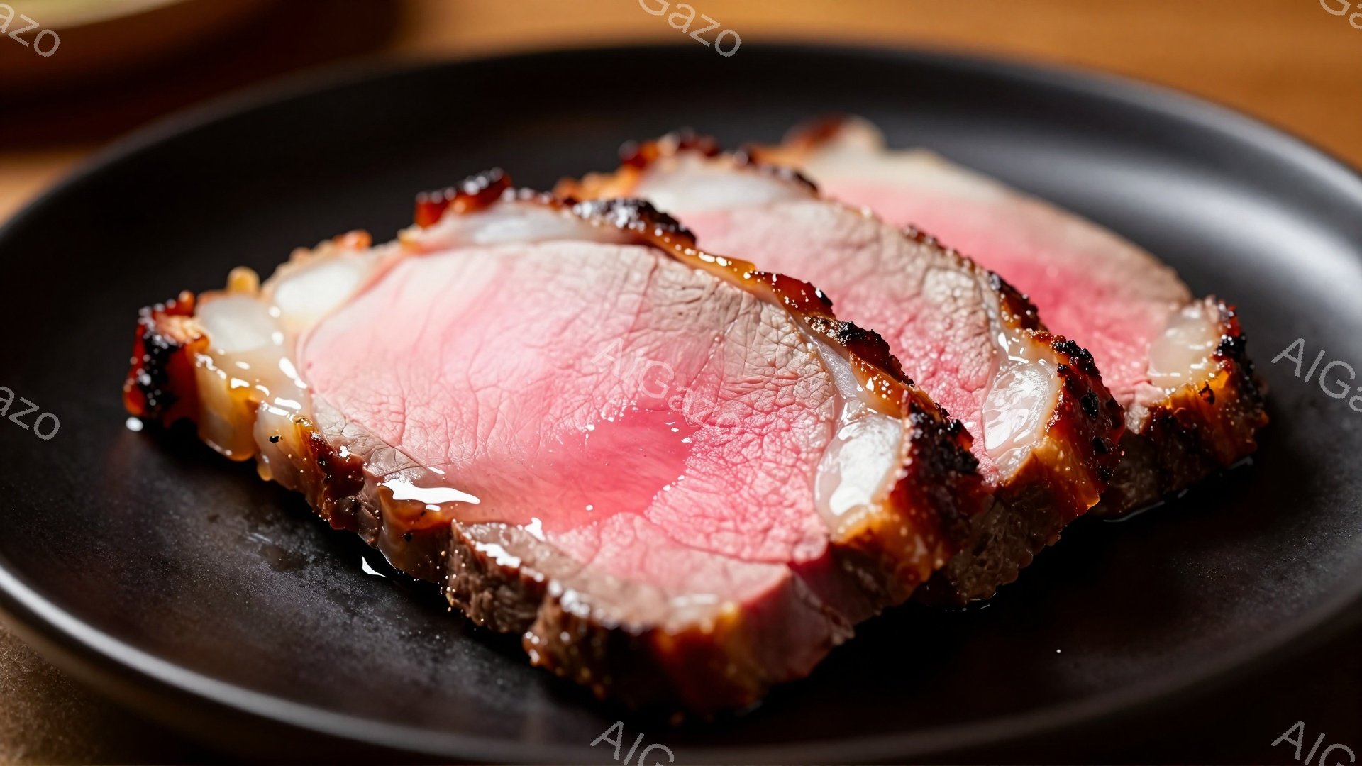 漆黒の皿の上に、鮮やかなピンク色の肉の薄切りが2枚並べられています。肉の表面は香ばしく焼き付けられており、中心部はジューシーな赤みが残っています。背景は暗く、肉の鮮やかさを際立たせており、食欲をそそる - AI生成フリー素材