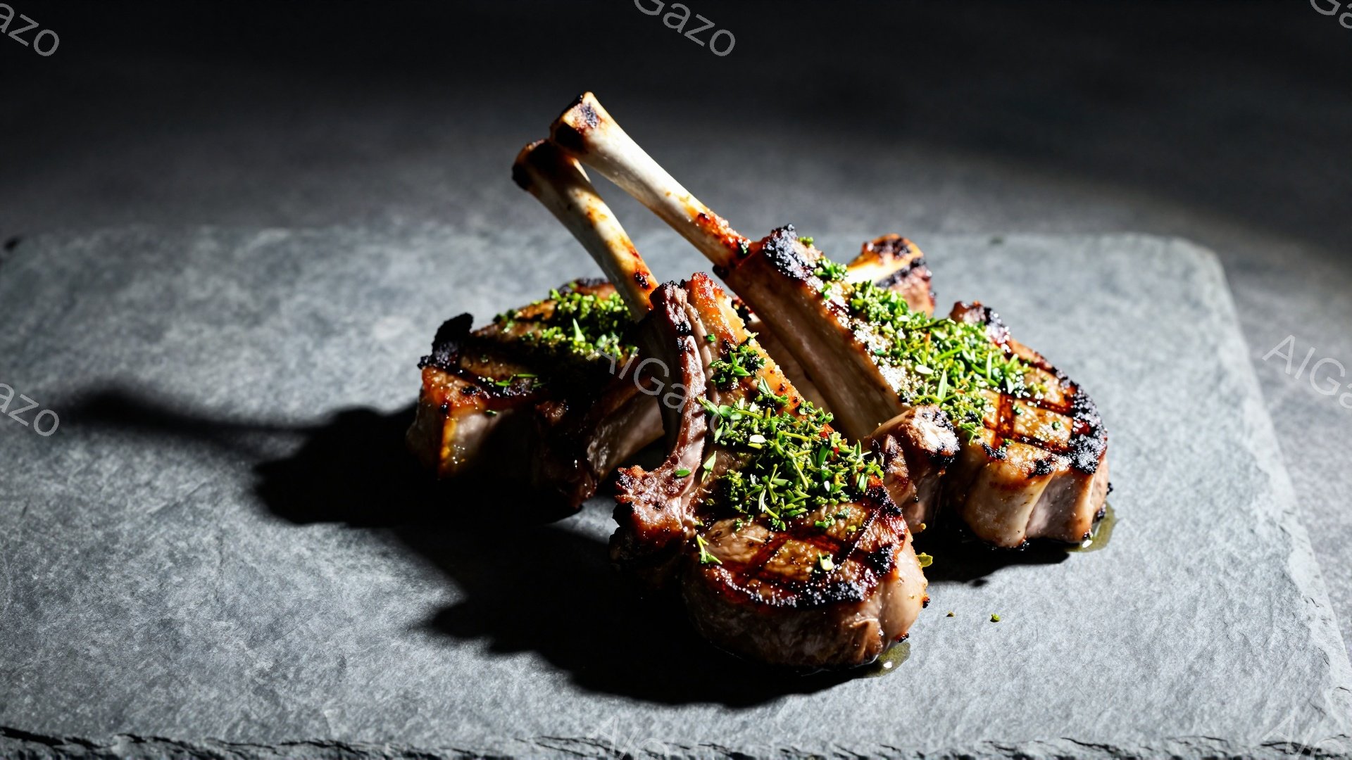 焦げ目がついたラムチョップが3つ、黒いスレート板の上に置かれています。チョップの上にはみじん切りのハーブが乗っており、鮮やかな緑色が肉の濃い色合いと対照的です。照明はドラマチックで、チョップに影を作り - AI生成フリー素材
